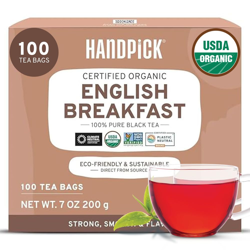 Premium Organic English Breakfast Black Tea Bags - 100 Count | USDA Certified, Non-GMO, High Caffeine | Strong Robust Flavor for Morning Boost | Eco-Friendly Tea Bags for Hot Brew, Iced Tea & Kombucha Making | Perfect for Home, Office or Gifting