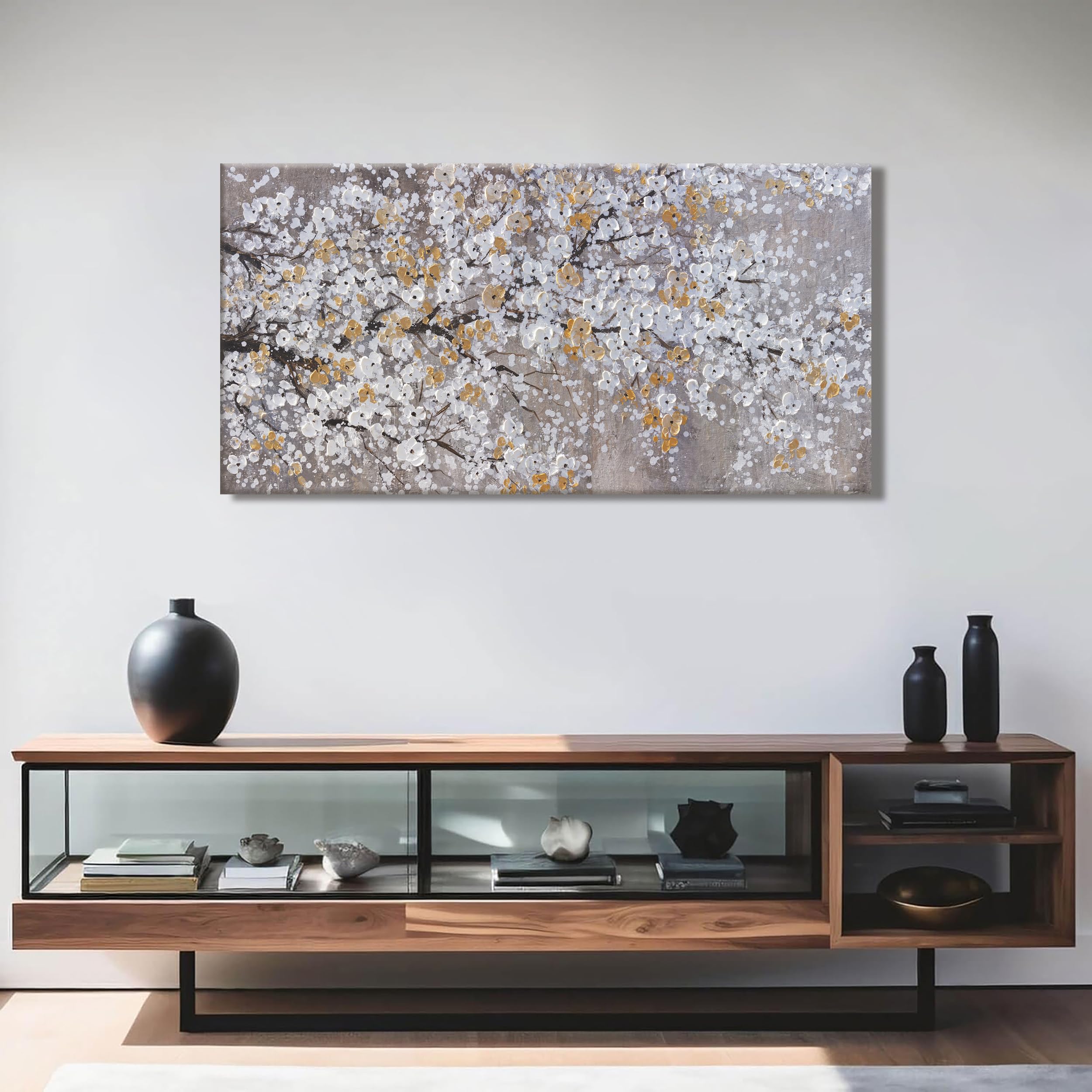 Modern Abstract Tree Plants Canvas Wall Art - Gold & White Painting for Bedroom, Living Room, Home, Kitchen & Office Decor - 20x40 Inch Framed Wall Decor - Perfect for Housewarming Gifts & Interior Design