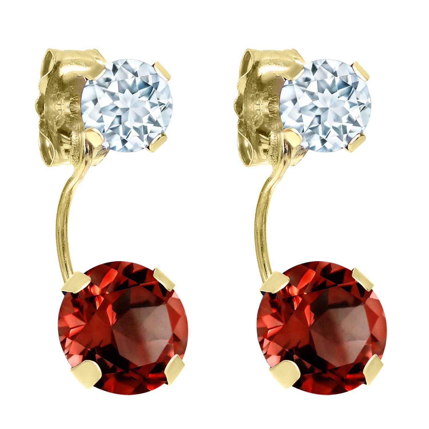 2.50 Ct Natural Red Garnet & Sky Blue Aquamarine 14K Yellow Gold Earrings for Women - Gem Stone King | Elegant Dangle Earrings for Weddings, Parties & Special Occasions
