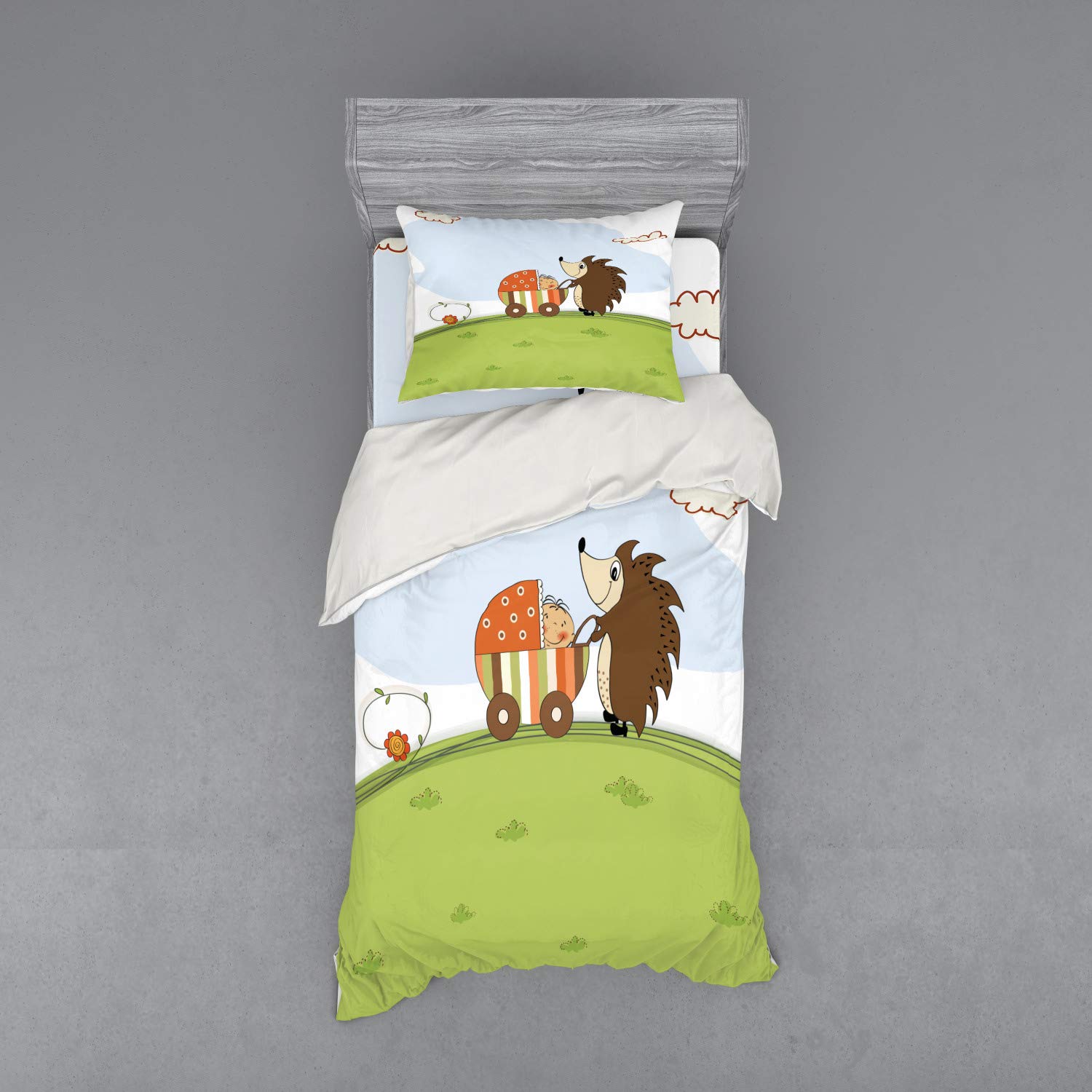 Ambesonne Funny Hedgehog Shower Theme Duvet Cover Set - 3 Piece Bedding with Sham & Fitted Sheet, Twin Size in Green & Pale Blue | Cute Animal Print for Kids Room, Nursery Decor or Unique Gift