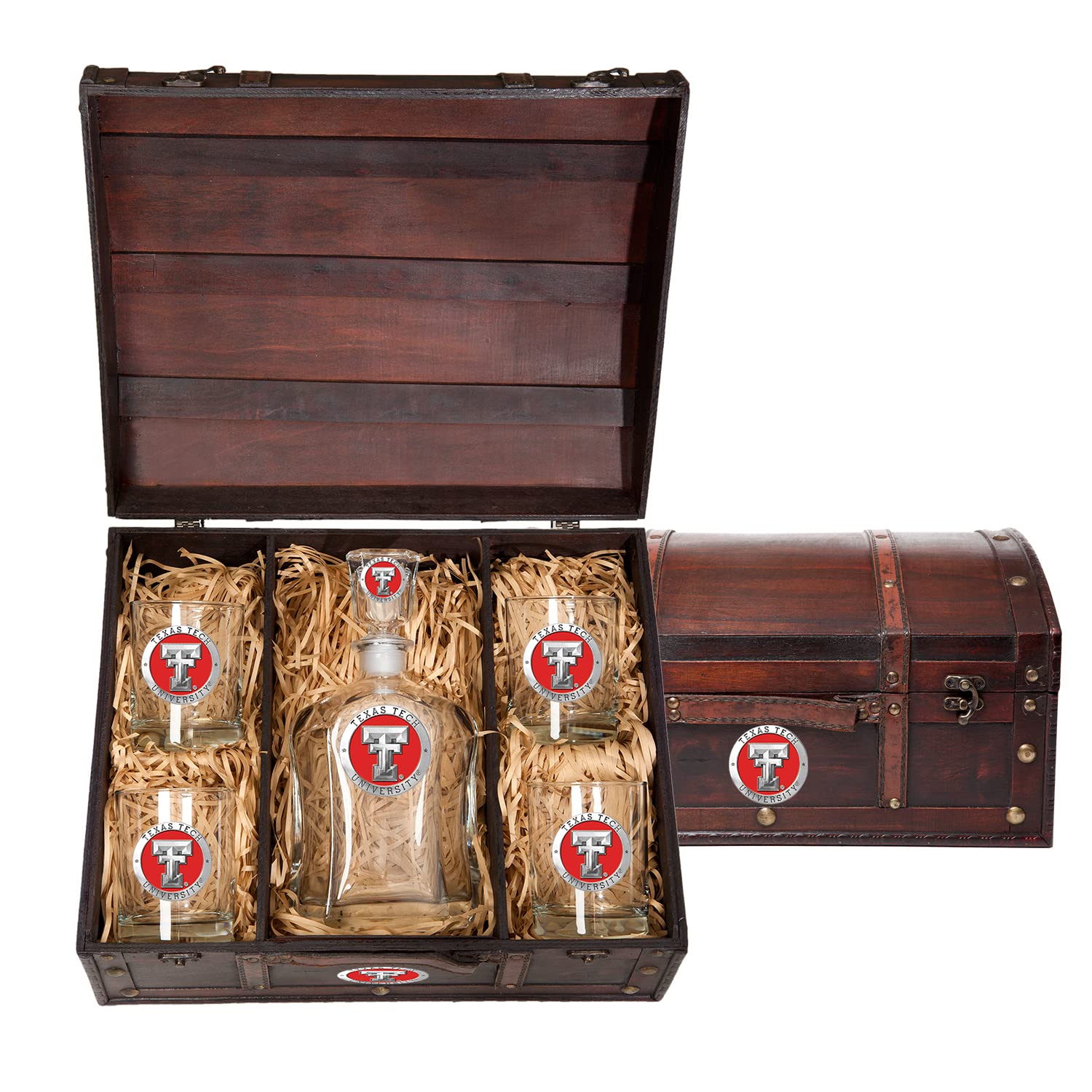Texas Tech Capitol Decanter Set with 4 Double Old-Fashioned Glasses - 24oz Pewter Liquor Pourer & Chess Set - Handcrafted Barware for Bourbon, Whiskey & Scotch - Perfect for Game Nights, Man Cave Decor & Alumni Gifts
