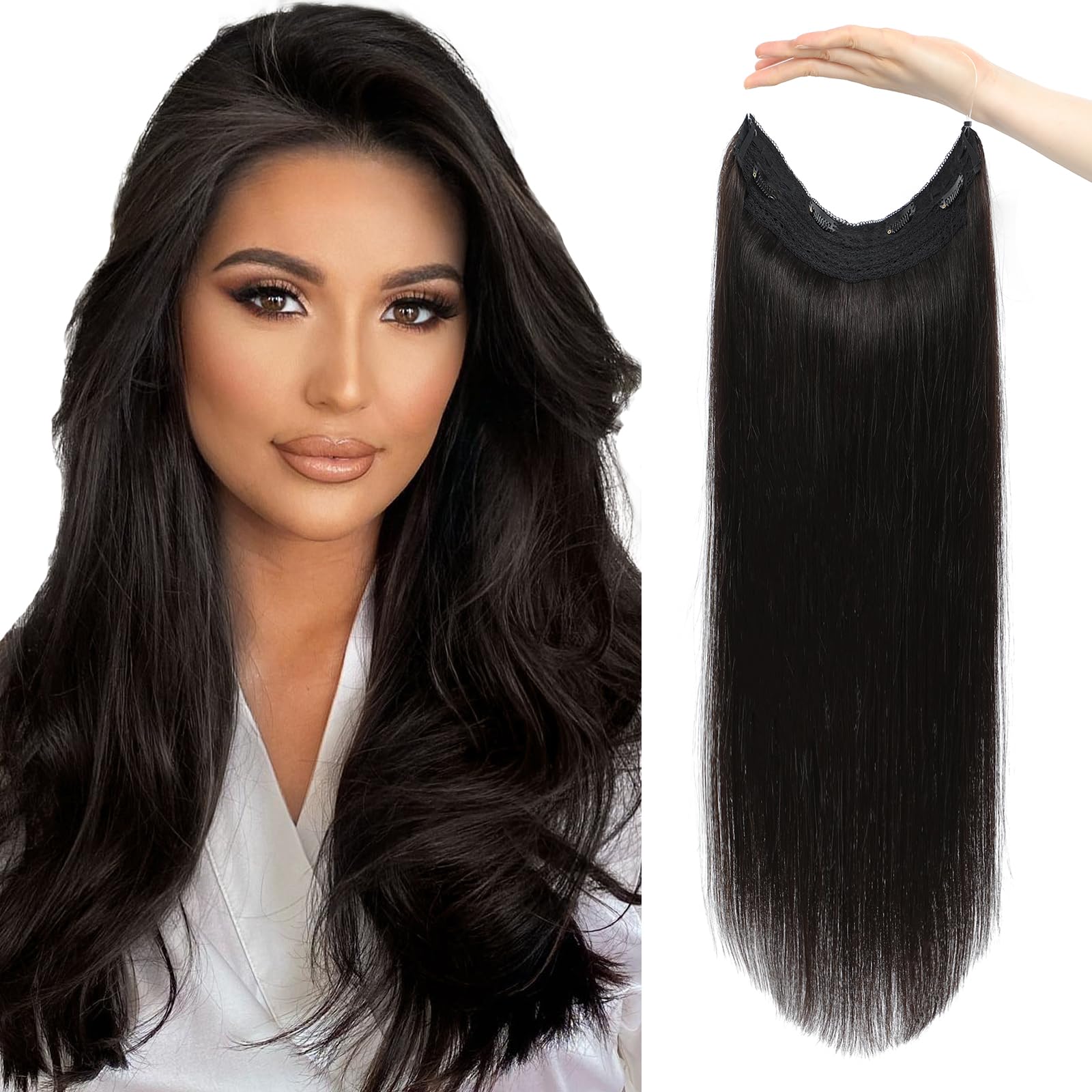 Real Human Hair Extensions with Invisible Wire – Adjustable Size, Transparent Wire & Secure Clips – 20Inch Straight Hairpiece for Women (90g, Natural Black) – Perfect for Weddings, Parties & Daily Styling