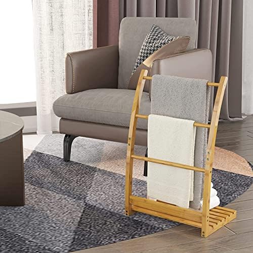 Premium Wooden Freestanding Multi-Tier Towel Rack Stand with Shelf - Bathroom, Bedroom, Gym & Kitchen Towel Holder - Space-Saving Ladder Design for Hand & Bath Towels (Model A41) | Perfect for Small Spaces, Spa-Like Bathrooms & Organized Living Areas