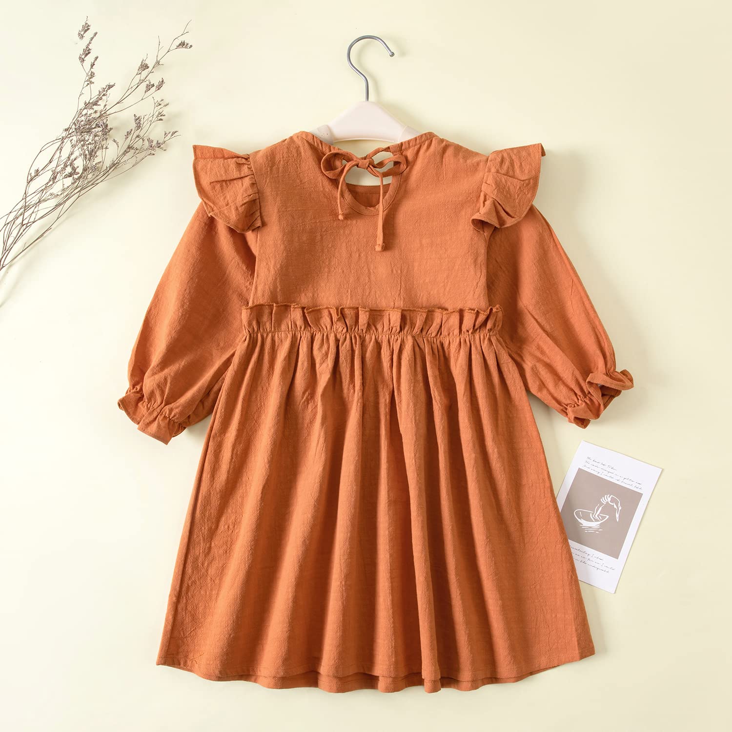 Goodplayer Toddler Girl Cotton Linen Dress - Long Sleeve Ruffle Fall Dress for Kids | Solid Color Casual Clothes | Perfect for Playdates, School & Family Outings