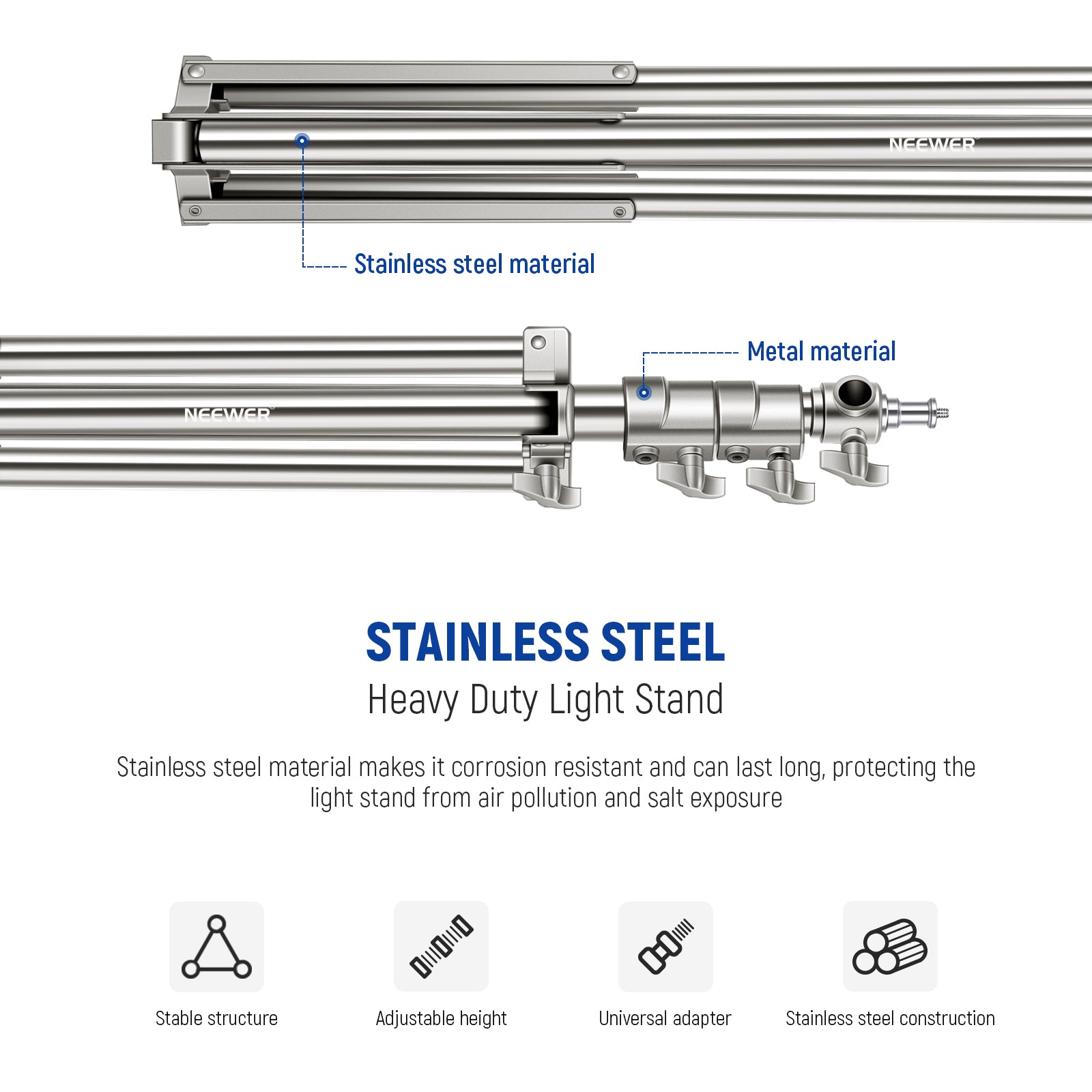 NEEWER ST 220SS/ST 280SS Professional Stainless Steel Light Stand for Photography, Video Studio, YouTube & TikTok Content Creation - Heavy Duty Tripod for Camera, Lighting Equipment & Backdrops