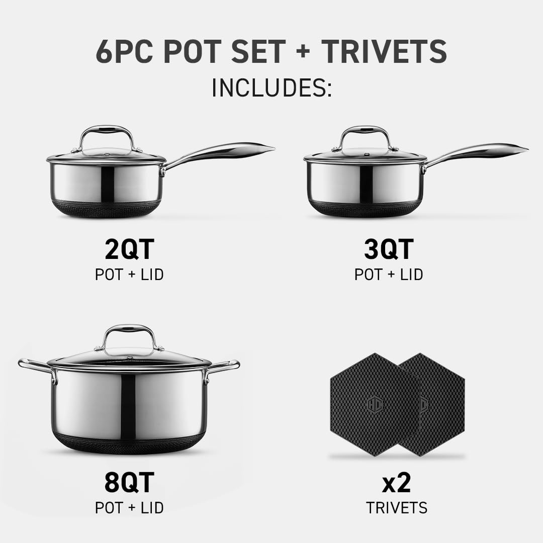 HexClad Hybrid Nonstick 6-Piece Cookware Set with 2 Silicone Trivets – Includes 2, 3 & 8-Quart Pots with Tempered Glass Lids, Stay-Cool Handles, Dishwasher Safe & Induction Compatible for All Stovetops – Perfect for Home Cooking, Meal Prep & Professional Kitchens