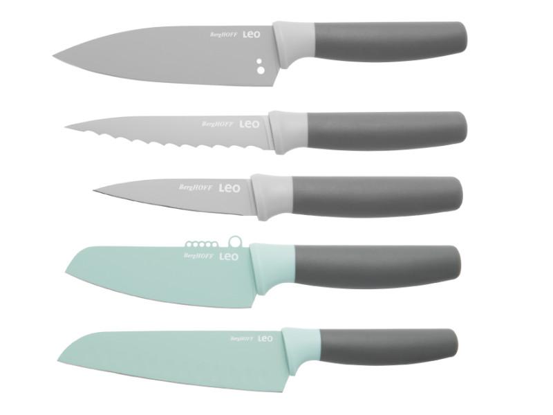 BergHOFF Leo 5-Piece Stainless Steel Kitchen Knife Set with Ergonomic Handles - Chef Knife, Paring Knife, Utility Knife, Bread Knife & Sharpener - Perfect for Home Cooking, Meal Prep & Professional Chefs