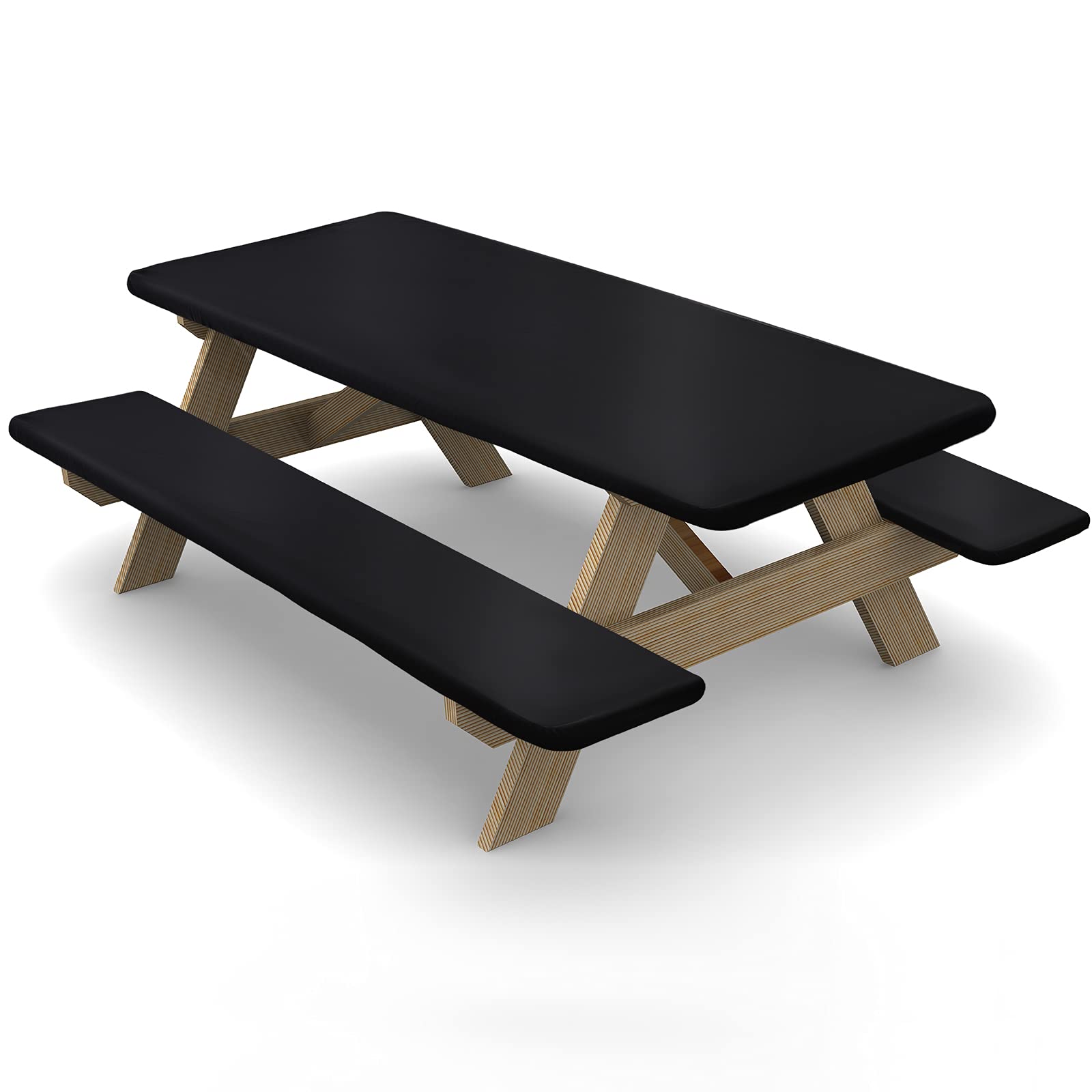Ruisita 3-Piece Picnic Table Set with Black Vinyl Fitted Tablecloth Cover - 72 Inch Waterproof Outdoor Dining Table & Bench Cover for Patio, Backyard, Camping & Picnics