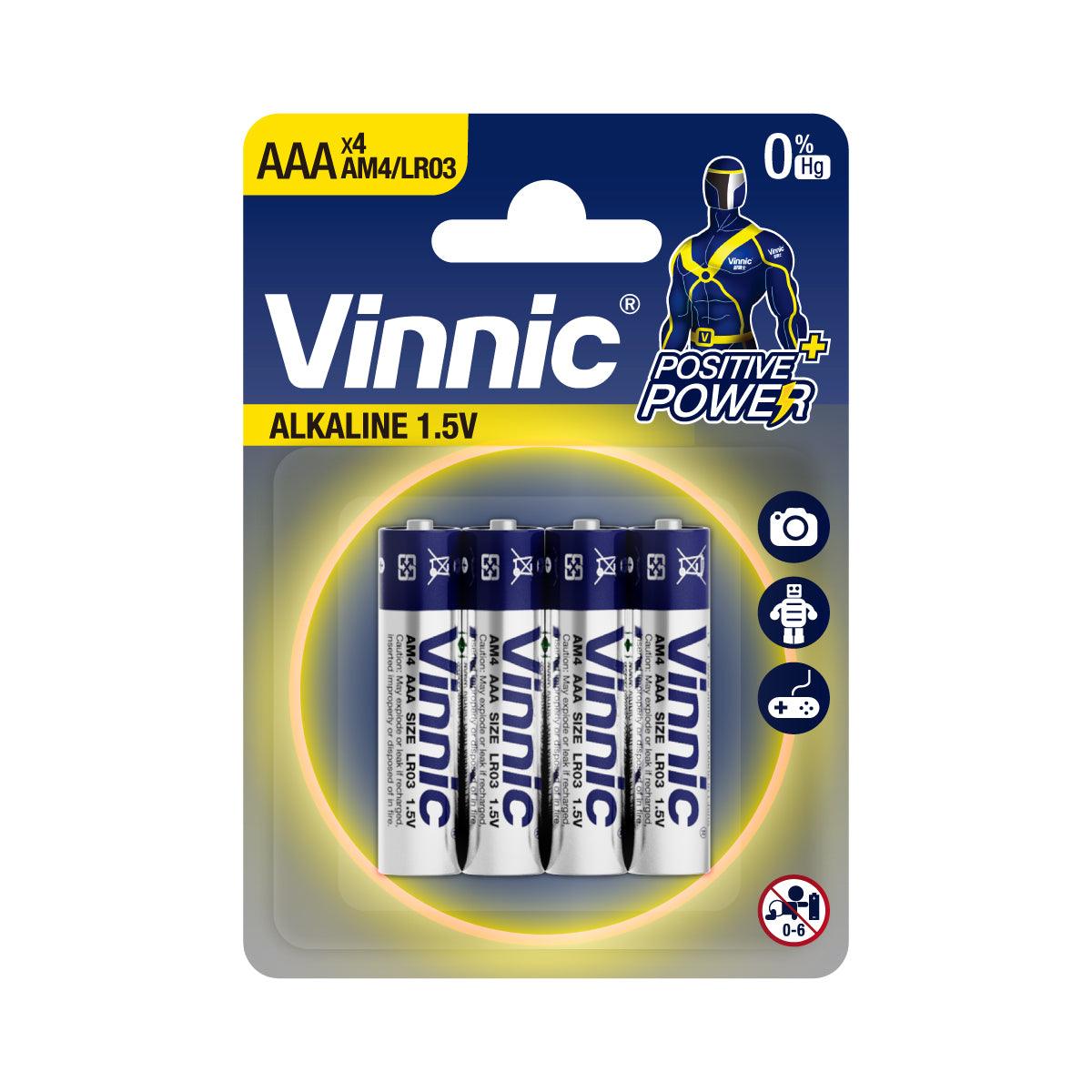 Vinnic Alkaline AAA Batteries (AM4/LR03 1.5V) - 4 Pack - Long Lasting Power for Toys, Remote Controls & Electronics