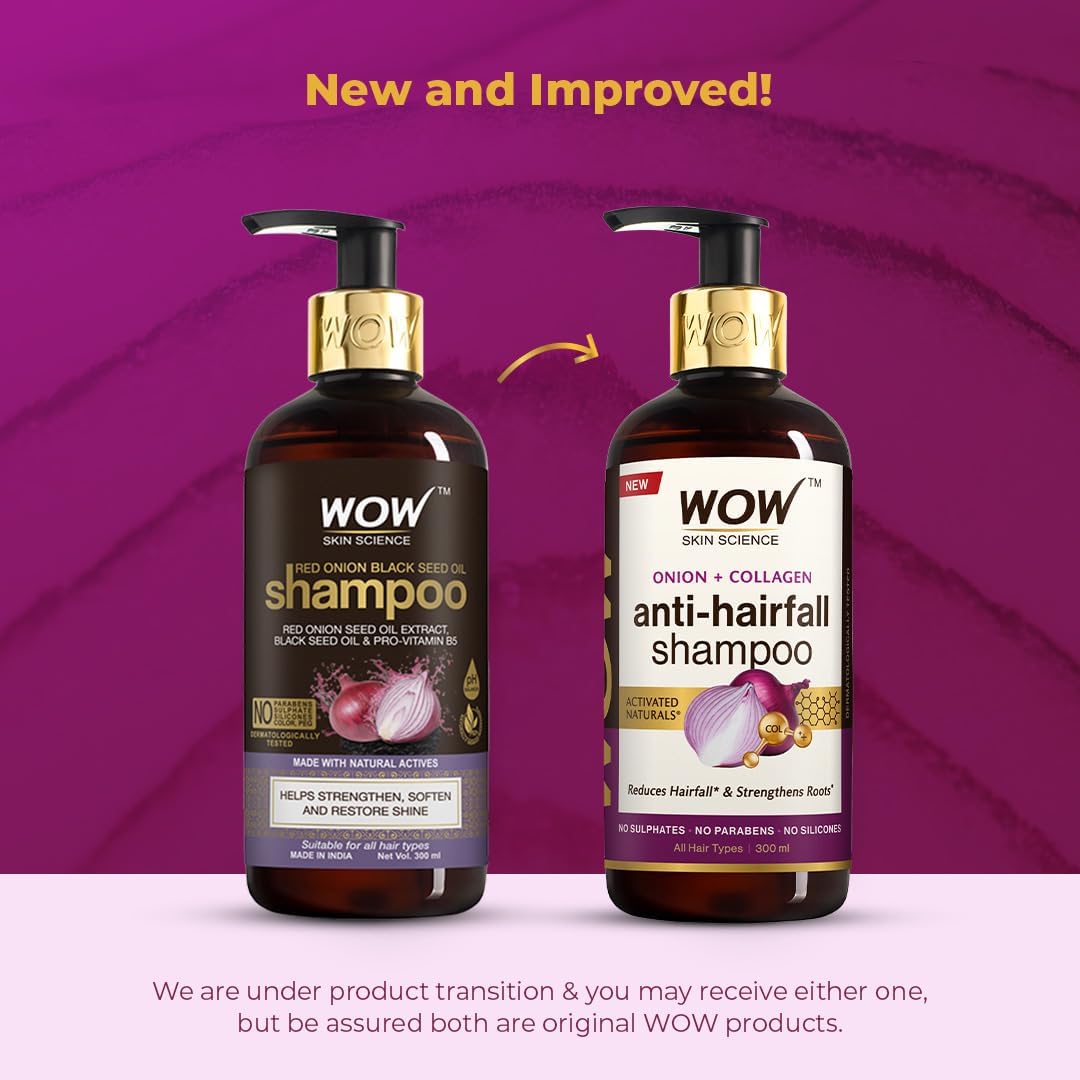 WOW Skin Science Onion & Collagen Shampoo for Hair Growth - Strengthens Roots, Nourishes Scalp, Prevents Breakage - Thickens & Adds Shine - 300ml Sulfate-Free Formula - Perfect for Damaged, Thin & Frizzy Hair at Home or Salon Use