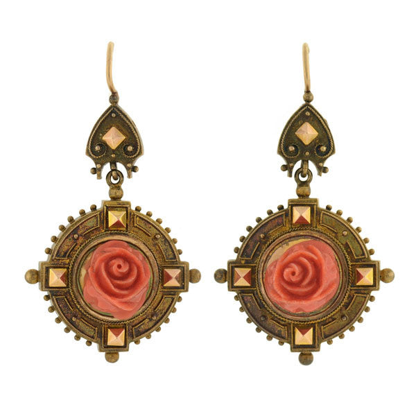 18K Gold Victorian Style Carved Coral Rose Earrings & Brooch Pendant Set – Elegant Antique Jewelry for Weddings, Parties & Special Occasions
