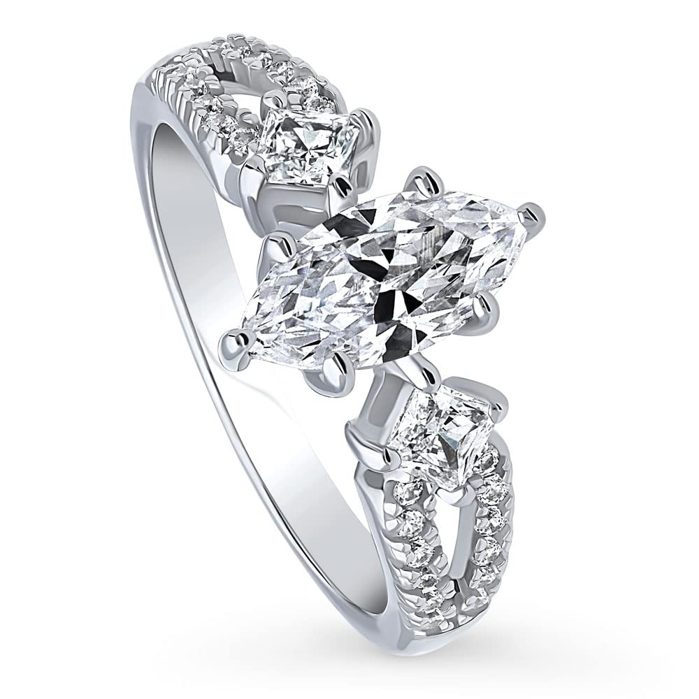 Sterling Silver 3-Stone Marquise Cut Cubic Zirconia Engagement Ring for Women - Wedding, Anniversary Gift - Rhodium Plated Size 4-10 - Perfect for Proposals, Bridal Jewelry & Special Occasions