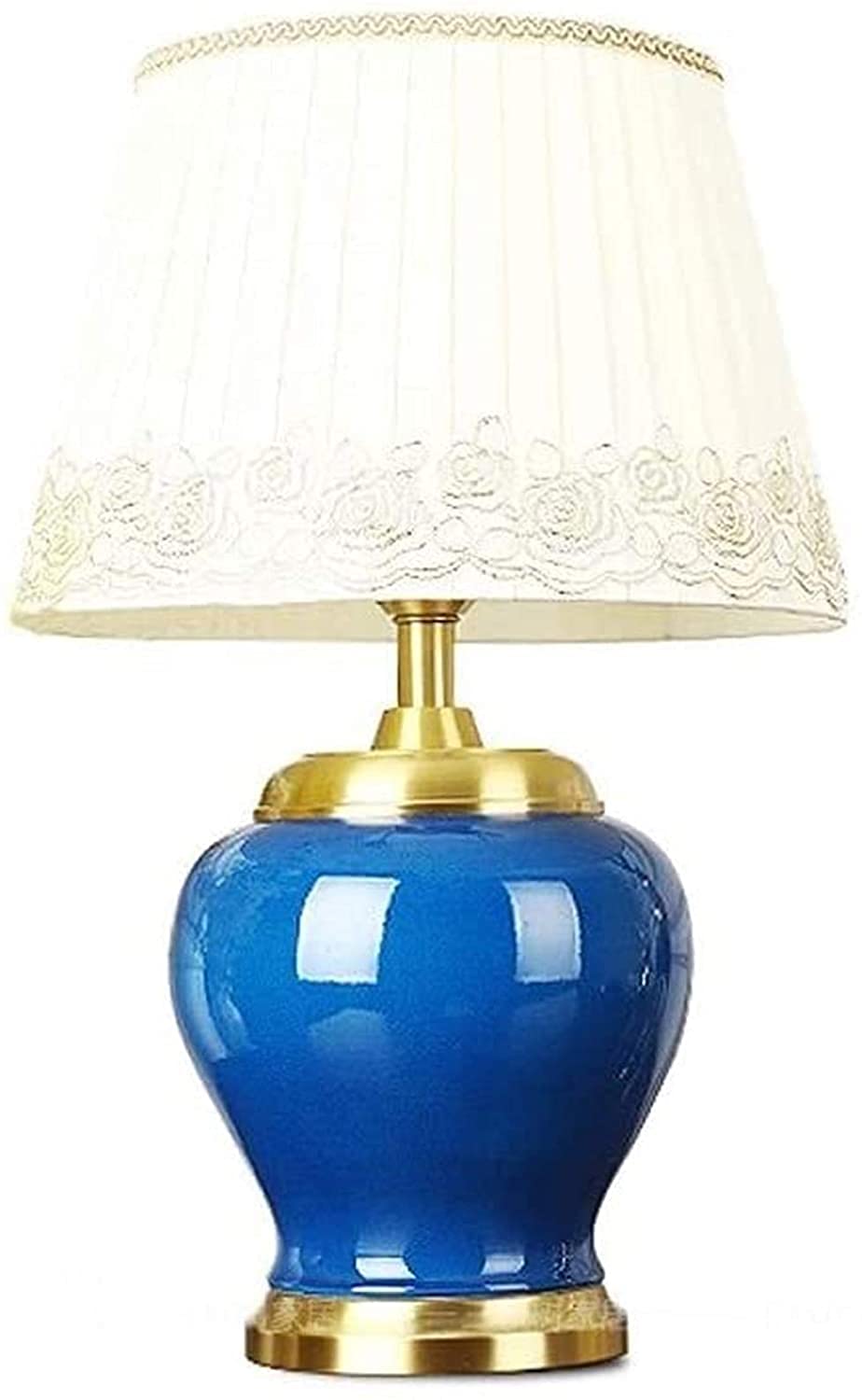 Ceramic Desk Lamp with Copper Base & Cloth Lampshade - Vintage Style Button Switch Table Lamp for Living Room, Bedroom & Office - Perfect for Reading, Working & Nightstand Lighting
