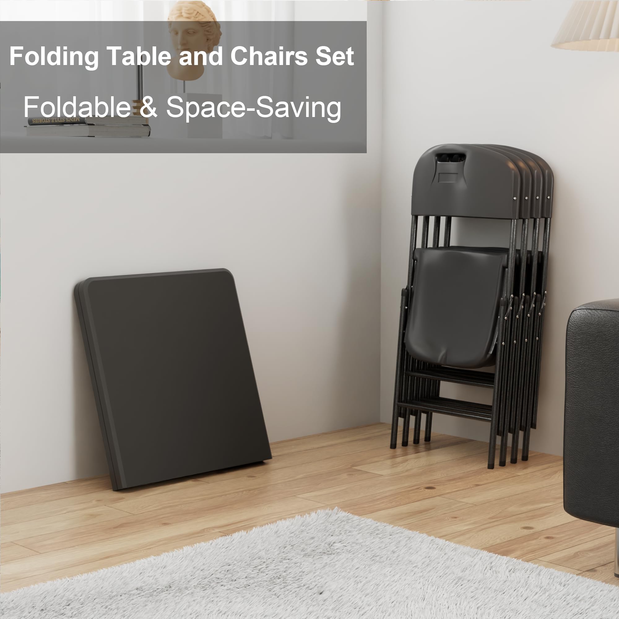 VECELO 5-Piece Folding Card Table and Chairs Set with Collapsible Legs - Portable for Indoor Outdoor Use, Picnic, Camping, Parties, Game Nights - Black