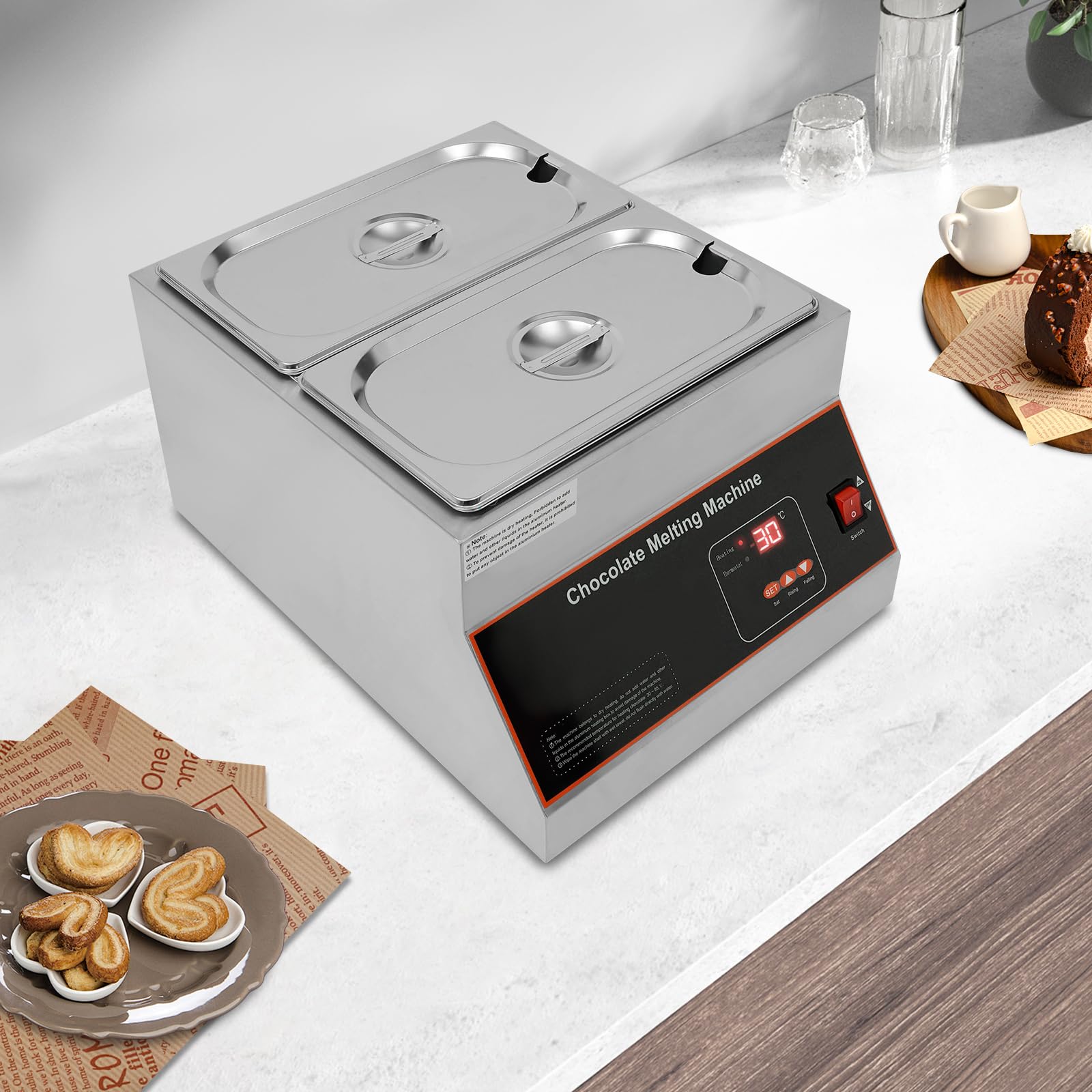 **500W Electric Chocolate Melting & Tempering Machine with Temperature Control - 2 Tanks Commercial Warmer for Chocolate, Milk, Coffee, Cheese & Soup - Perfect for Bakeries, Cafés & Candy Shops**