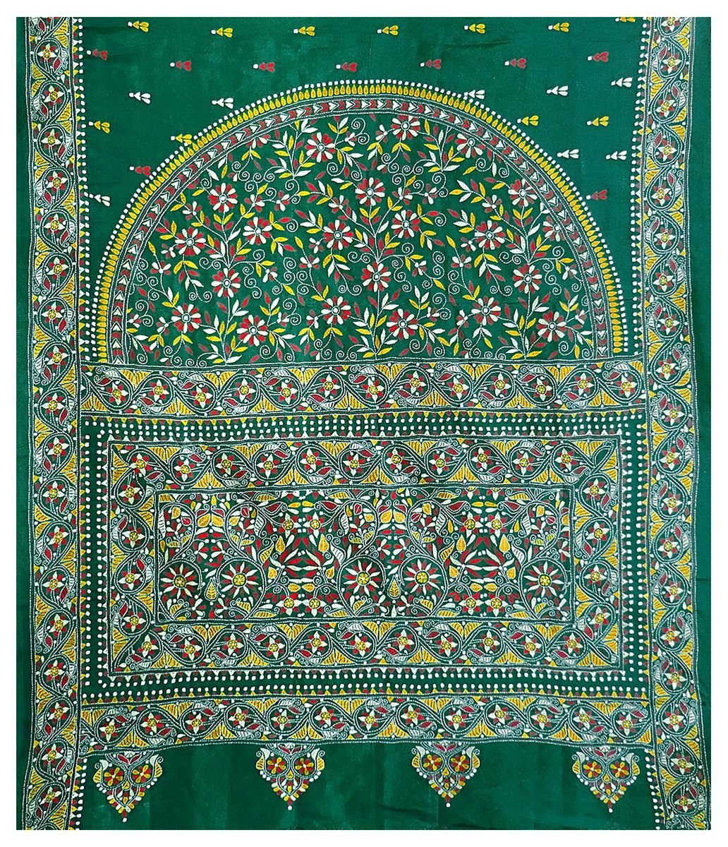 Elegant Cyan Green Pure Silk Saree with Handcrafted Kantha Stitch (RG24) - Perfect for Weddings, Festivals & Special Occasions