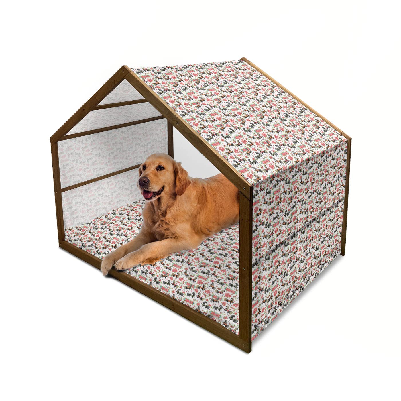 Ambesonne Large Wooden Dog House with Vintage Horse Silhouette Design - Portable Indoor/Outdoor Pet Kennel with Removable Pillow & Cover - Abstract Floral Pattern for Home, Garden, Patio or Backyard Use (2X-Large, Multicolor)