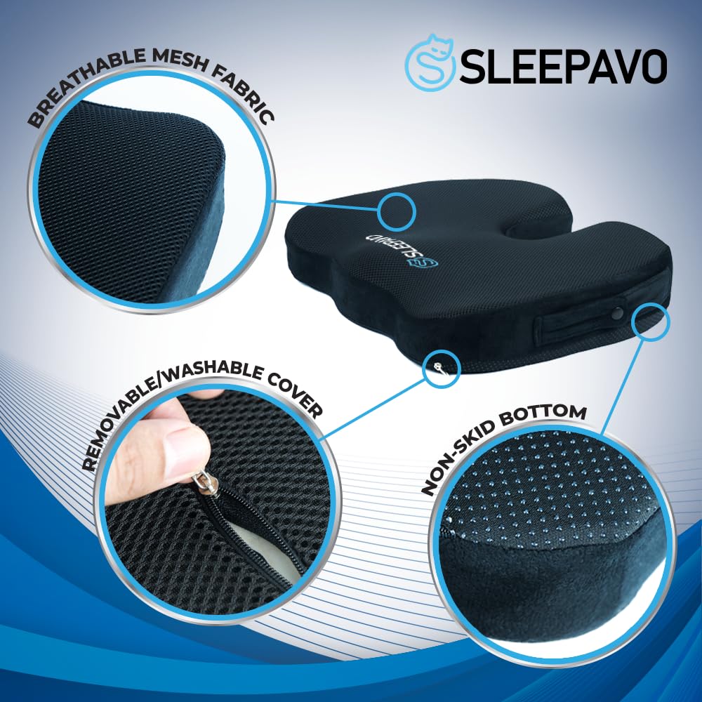 Sleepavo Orthopedic Seat Cushion for Tailbone Pain Relief - Coccyx & Sciatica Support Pillow - Office Chair, Car & Airplane Lumbar Support Pad - Ideal for Desk Work, Long Drives & Travel Comfort