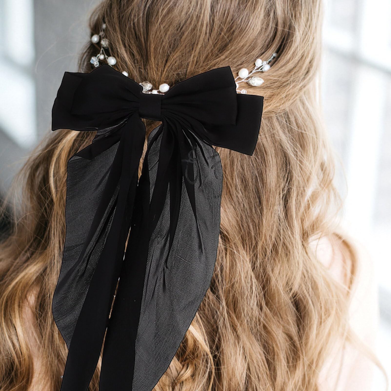 EXCLUZO 3-Piece Large Bow Hair Clips for Women - Elegant Metal Barrettes with Ribbon Tails for Ponytails, Braids & Updos - Perfect for Weddings, Parties & Everyday Styling