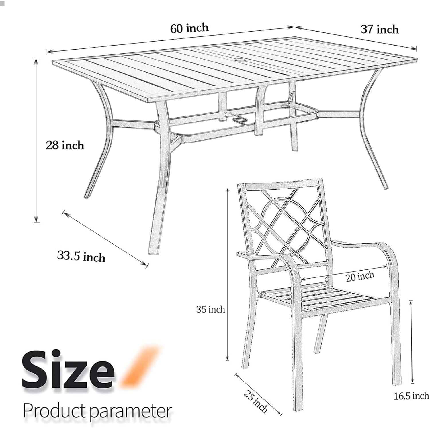 7-Piece Outdoor Patio Dining Set - Durable Metal Furniture with Rectangular Slatted Table (Umbrella Hole) & 6 Stackable Chairs - Perfect for Backyard, Garden, Poolside & BBQ Gatherings