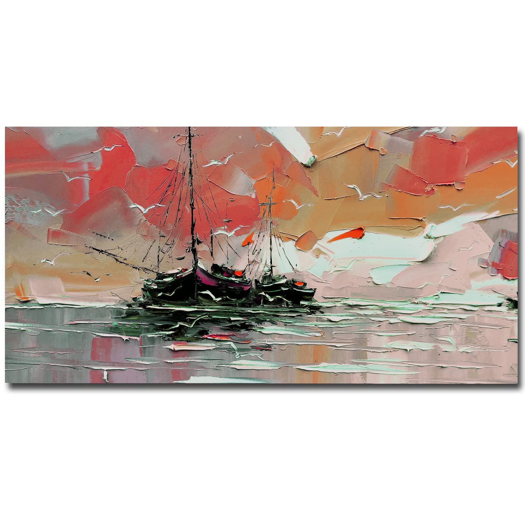 Hand-Painted Original Oil Painting - Beach & Ocean Wall Art - 48x24 Inch Unframed Abstract Artwork for Bathroom, Living Room, Porch Decor - Perfect Housewarming Gift & Christmas Decoration | Coastal Home Decor & Office Wall Art
