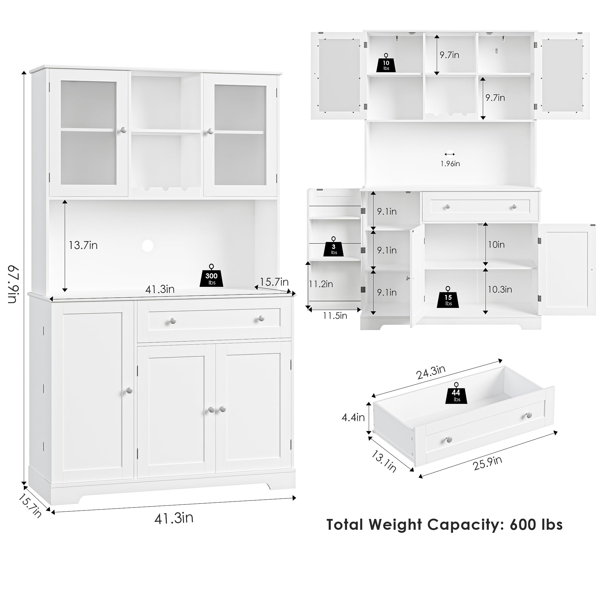Modern White Kitchen Pantry Storage Cabinet with Hutch & Microwave Stand - Buffet Cabinet with Doors, Shelves & Wine Rack for Dining Room | Perfect for Small Kitchen Organization & Stylish Home Decor
