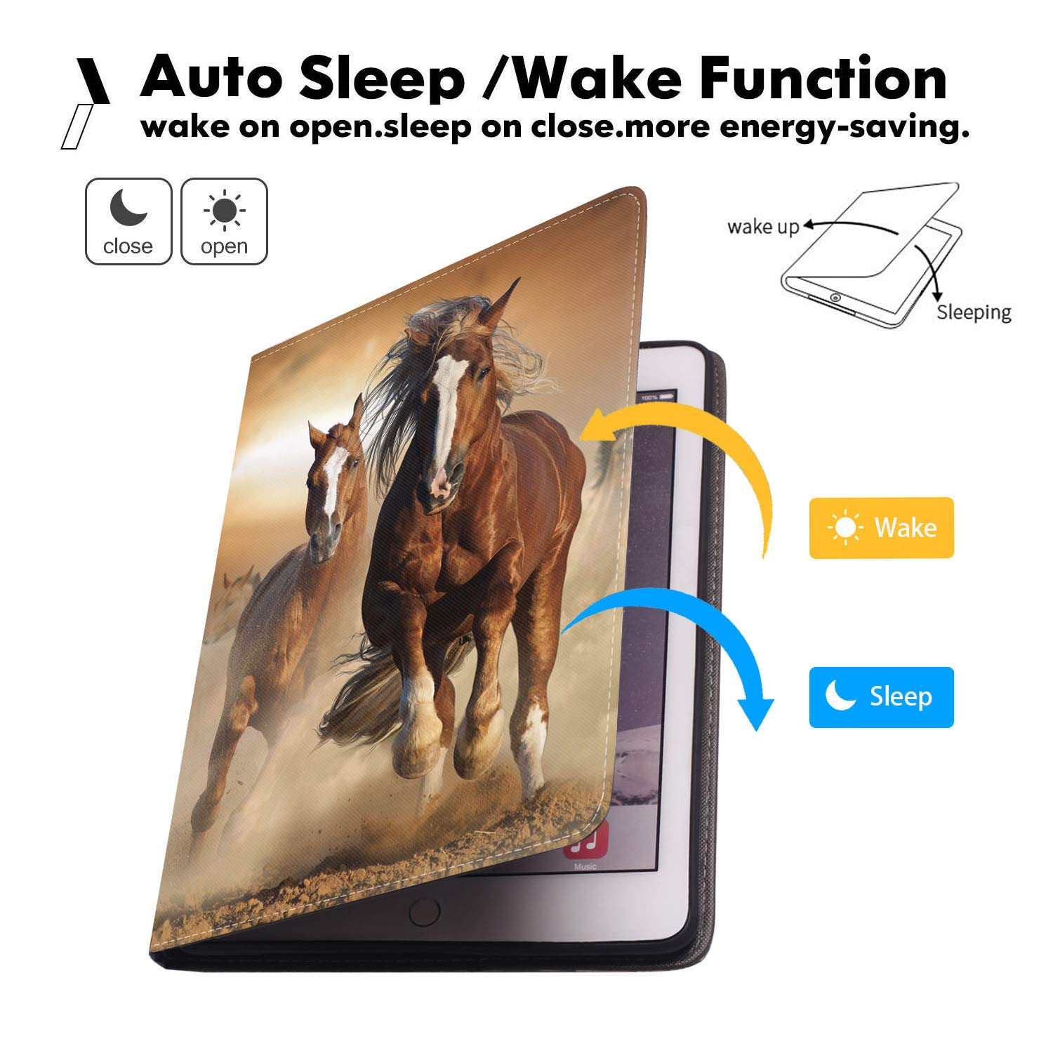 Premium Adjustable Multi-Angle Folio Stand Case with Auto Wake/Sleep for iPad 9.7 (2017/2018), iPad Air 1/2, iPad 5th/6th Gen - Running Horse Design | Perfect for Work, Study & Entertainment | Includes Bonus Coasters