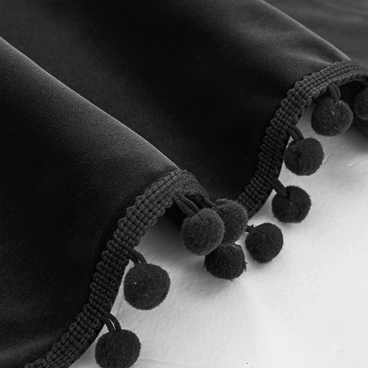Black Velvet Pompom Curtains 84 Inch Long - Room Darkening Window Drapes for Bedroom & Living Room - 42 Inch Wide x 2 Panels - Elegant Home Decor for Cozy Nights & Movie Time