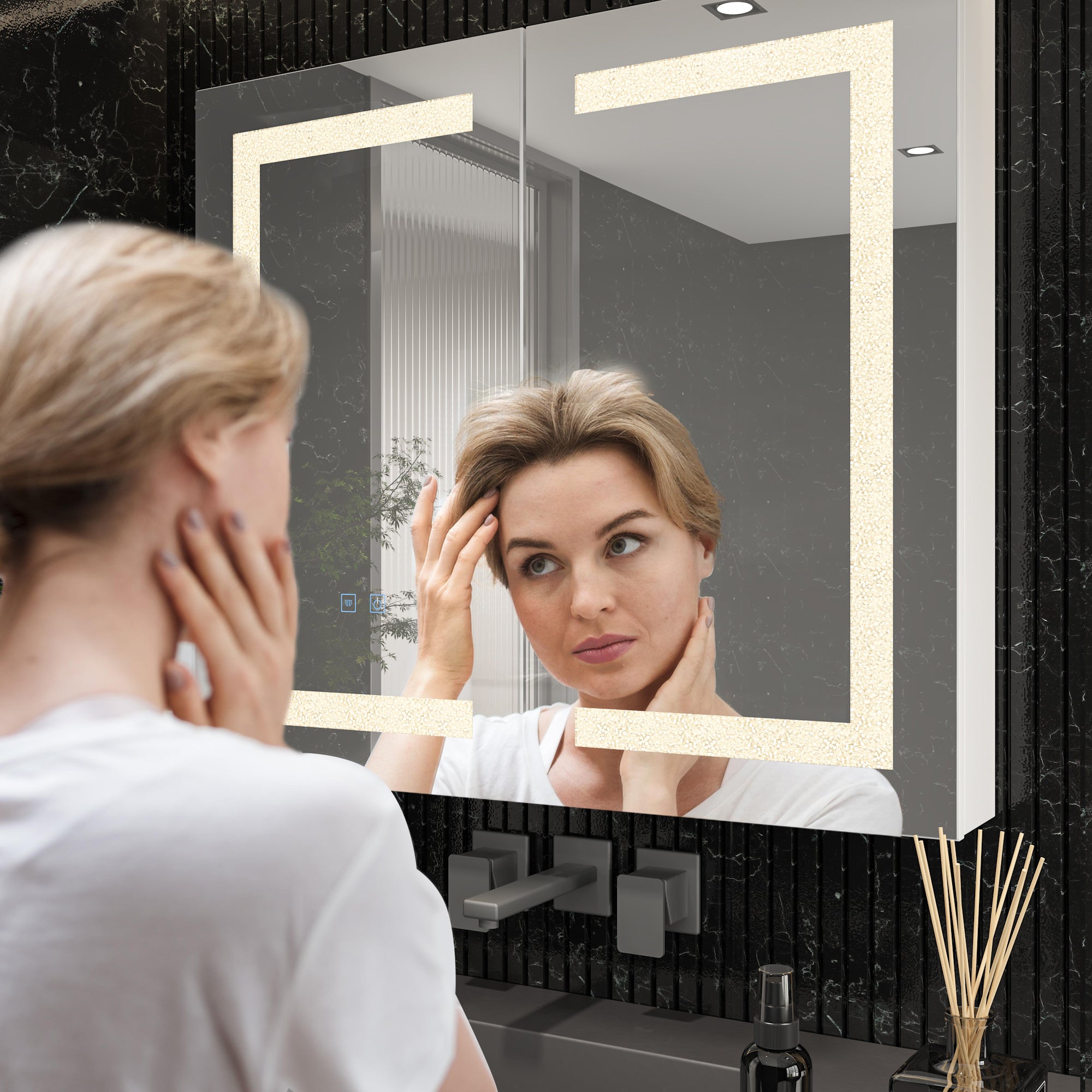 LED Bathroom Medicine Cabinet with Mirror - Anti-Fog Defogger, Adjustable Brightness Lights for Shaving & Makeup | Modern Vanity Storage with Soft Lighting for Home, Spa, Salon Use