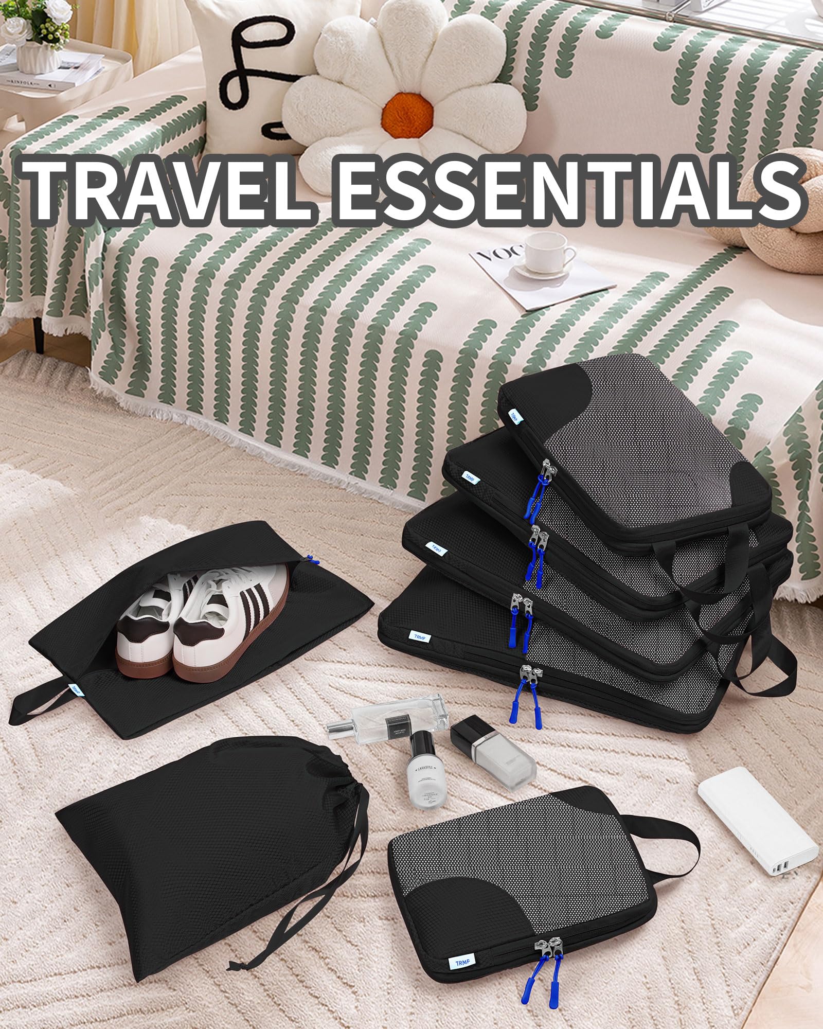 7-Piece Compression Packing Cubes Set - Travel Luggage Organizer Bags for Suitcase, Black | Space-Saving Travel Essentials for Business Trips & Vacations