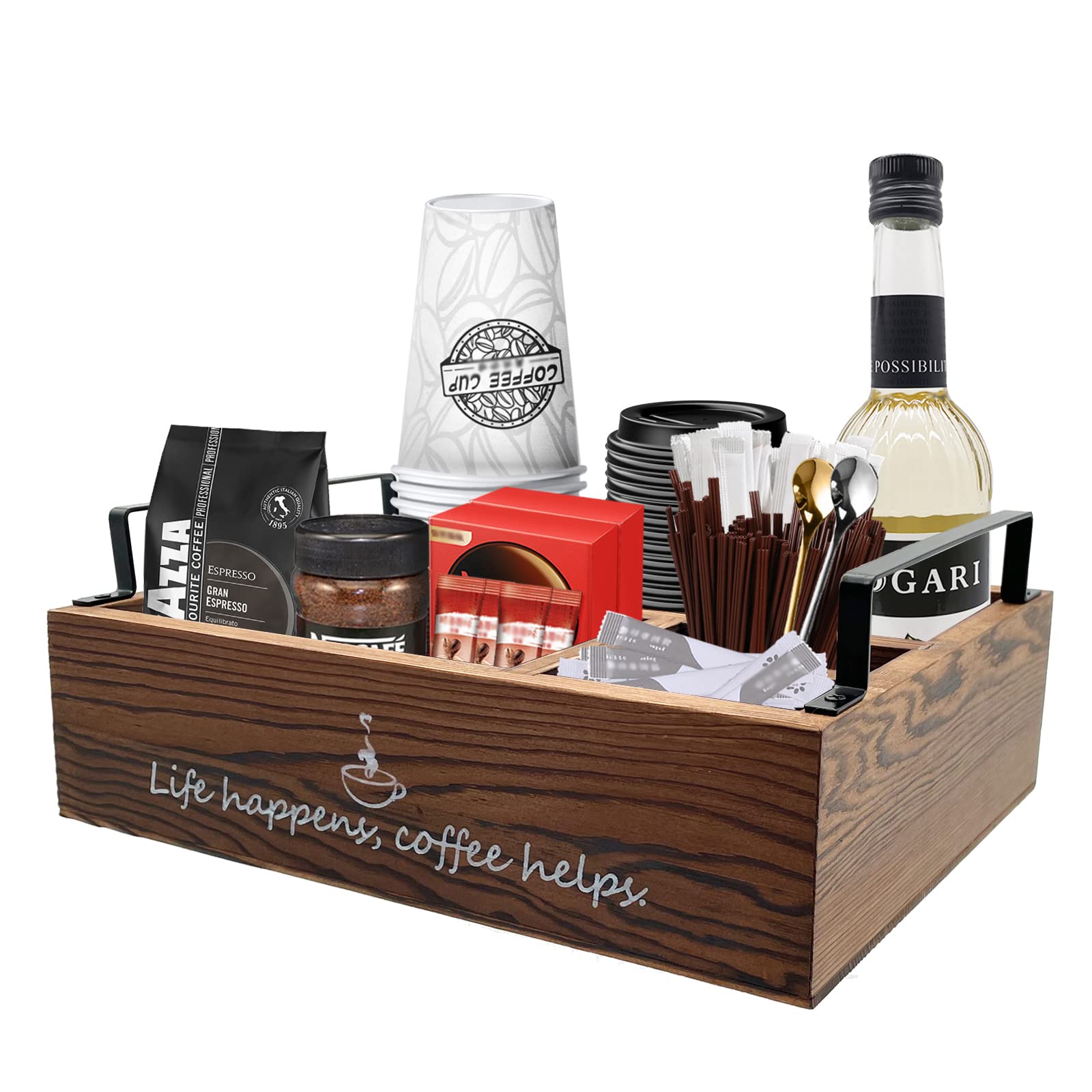 Farmhouse Coffee Station Organizer - Rustic Bar Decor with Handles, Keurig K-Cup Pods Holder, Creamer & Paper Cup Dispenser - Perfect for Kitchen Counter, Office Breakroom & Coffee Shop (Brown)