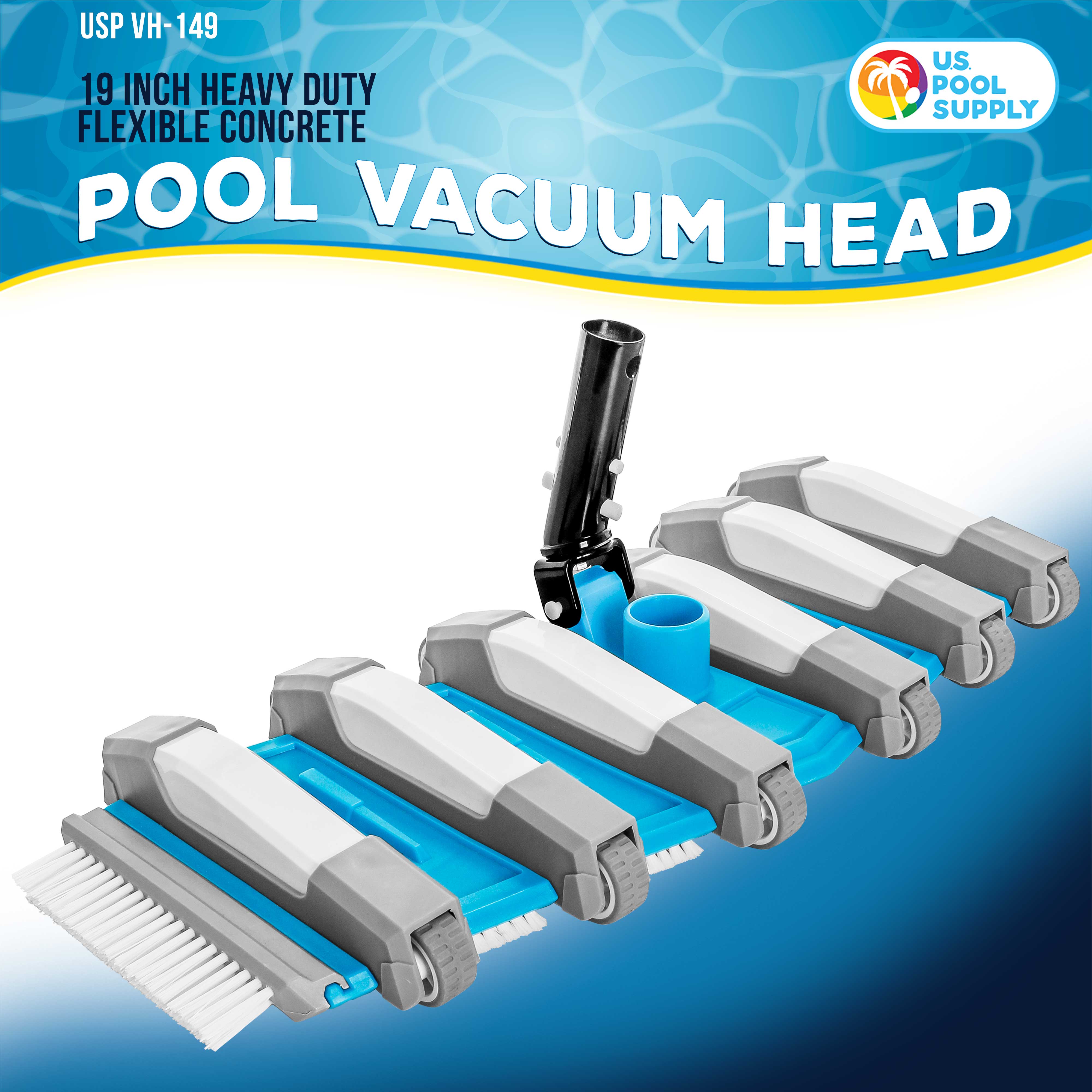 Heavy Duty Weighted Flexible Concrete Swimming Pool Vacuum Head with Side Brushes & Metal EZ Clip Handle - Professional Commercial Grade Pool Cleaner for Inground & Above Ground Pools - Ideal for Residential & Commercial Pool Maintenance