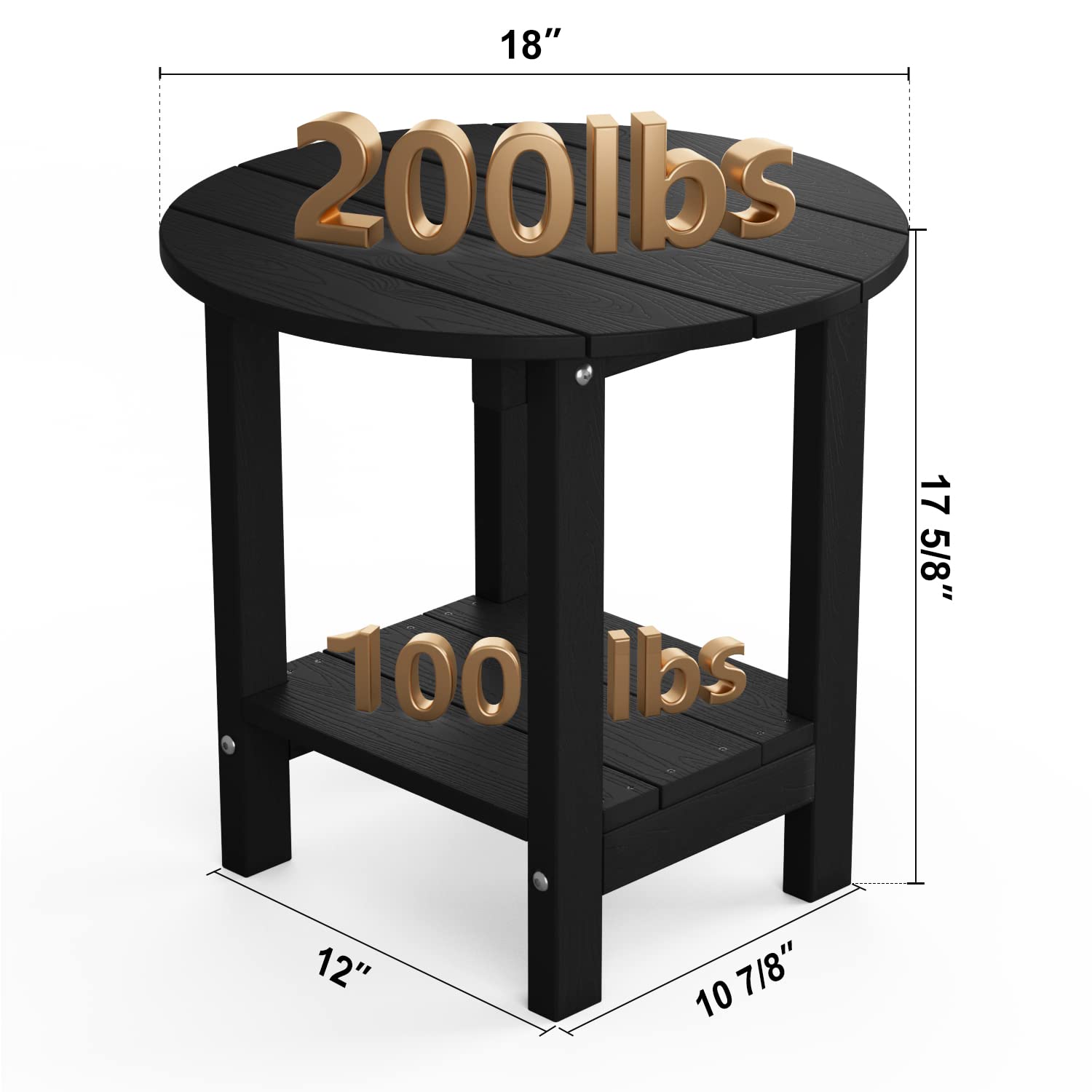 MXIMU 18 Inch Round Outdoor Side Table with Storage Shelf - 2-Tier Plastic Patio End Table for Balcony, Backyard, Lawn - Durable Adirondack Chairside Table (Black, 1 Pack) - Perfect for Outdoor Relaxation, Coffee Time & Garden Decor