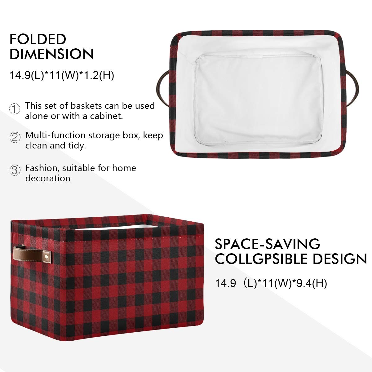 AUUXVA Collapsible Storage Basket - Classic Buffalo Grid Plaid Canvas Bin with Handles | Durable Organizer Cube for Toys, Clothes & Home Office | Perfect for Shelves, Closets & Bedroom Organization (1-Pack)