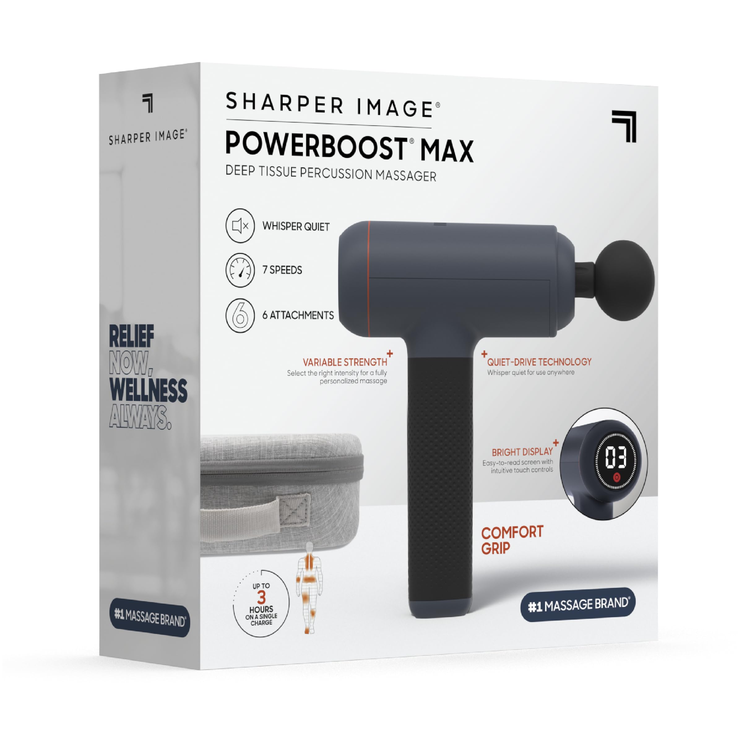 Sharper Image Powerboost Max Deep Tissue Massage Gun - 6 Attachments, 7 Speed Levels, Ultra Quiet Percussion Massager for Back, Shoulder, Leg & Full Body Pain Relief | Handheld Muscle Recovery Tool for Athletes, Post-Workout, Office Workers & Home Use