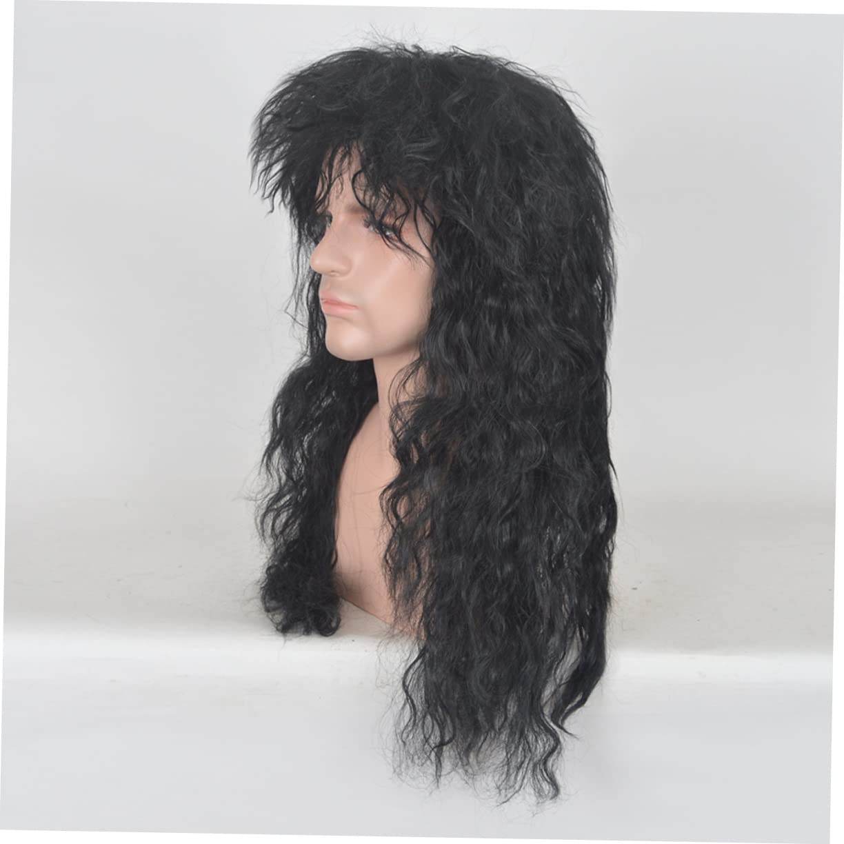 **Mikinona Heat Resistant Curly Hair Male Wig - 80s Retro Punk Style Long Fluffy Black Wig for Cosplay, Halloween, and Themed Parties**