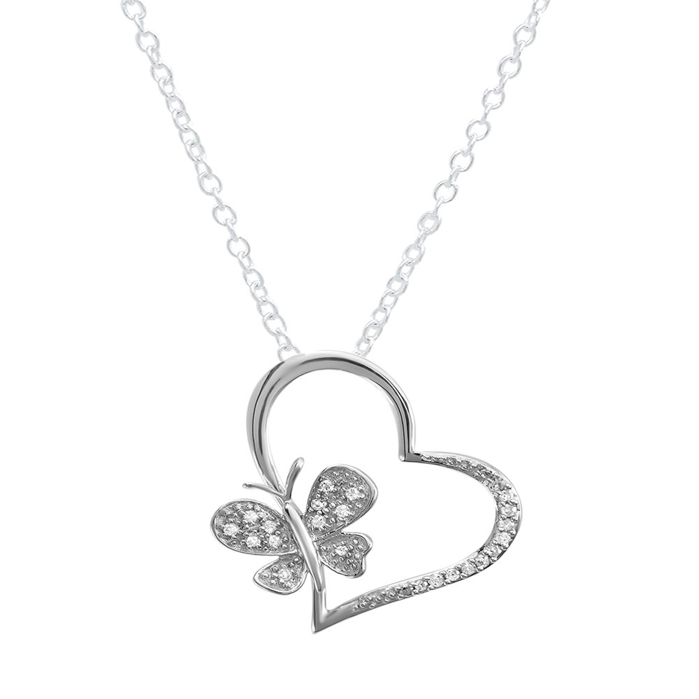 0.15ct Round Diamond Butterfly Heart Pendant Necklace - Sterling Silver with Free Chain | Elegant Jewelry Gift for Women, Perfect for Valentine's Day, Anniversary & Special Occasions
