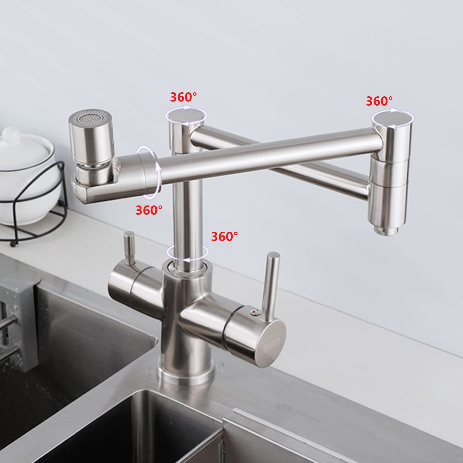 360° Swivel Pot Filler Faucet with Dual Spray Modes - Brushed Nickel Drinking Water Safe - 2 Handle Hot & Cold Brass Mixer Tap for Kitchen Sink - Perfect for Cooking, Filling Large Pots & Washing Vegetables
