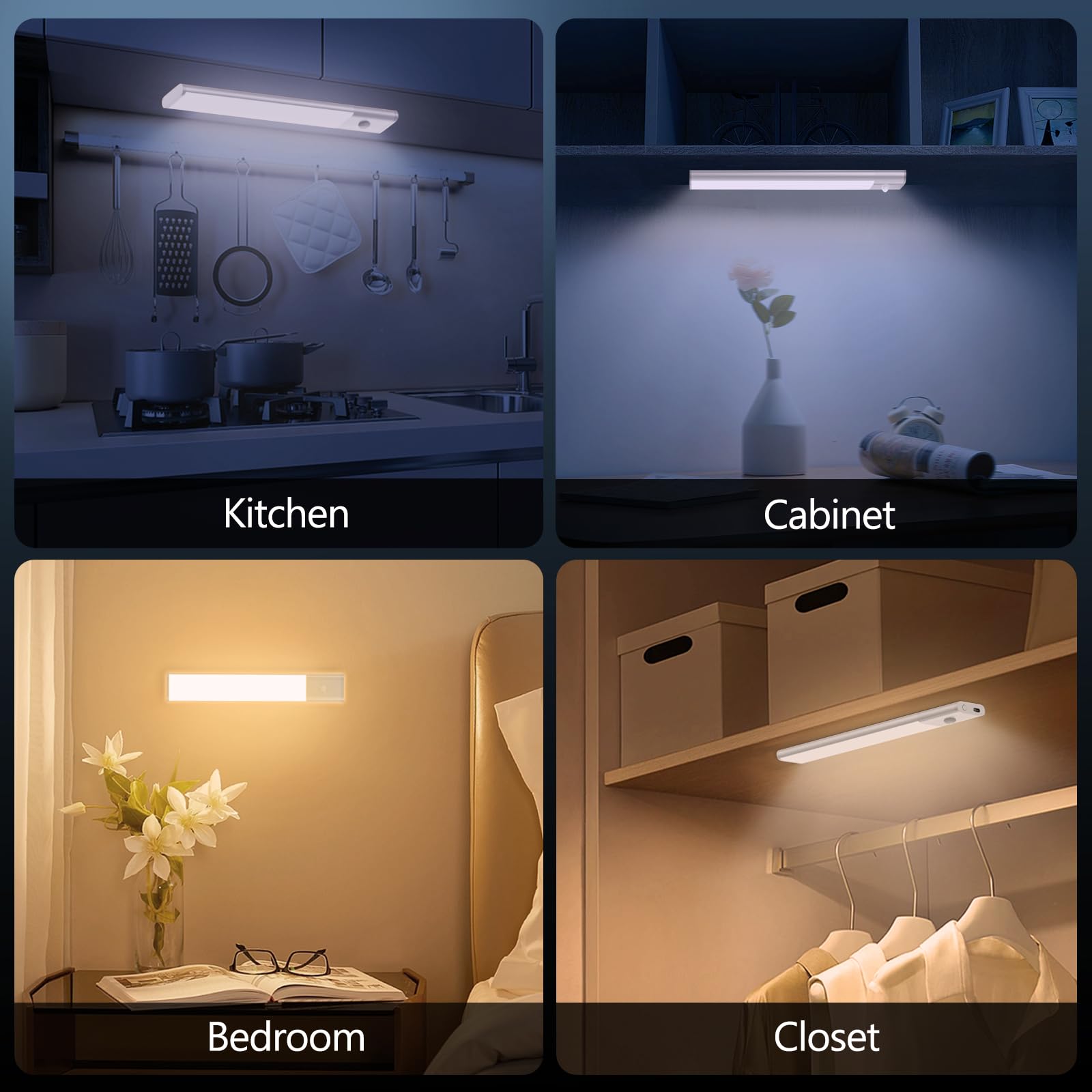 2 Pack Under Cabinet LED Lights with Motion Sensor - 46 LED Wireless Rechargeable Battery Operated Light Strips for Kitchen, Wardrobe, Closet, Cupboard | Indoor Magnetic Lighting for Easy Installation & Energy Saving