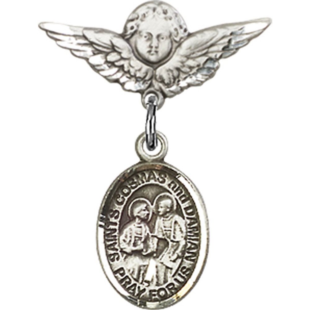 Sterling Silver Baby Badge with STS. Cosmas & Damian Charm & Angel Wing Pin - 7/8