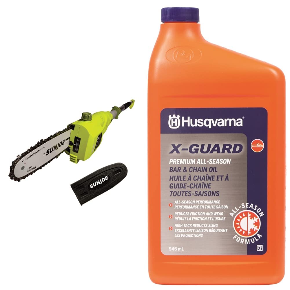 Sun Joe SWJ802E 9 FT 6.5 Amp Electric Pole Chain Saw with Adjustable Head - Husqvarna 593272001 X-Guard Bar & Chain Oil (946 ml, Grey) - Perfect for Tree Trimming, Pruning, and Yard Maintenance