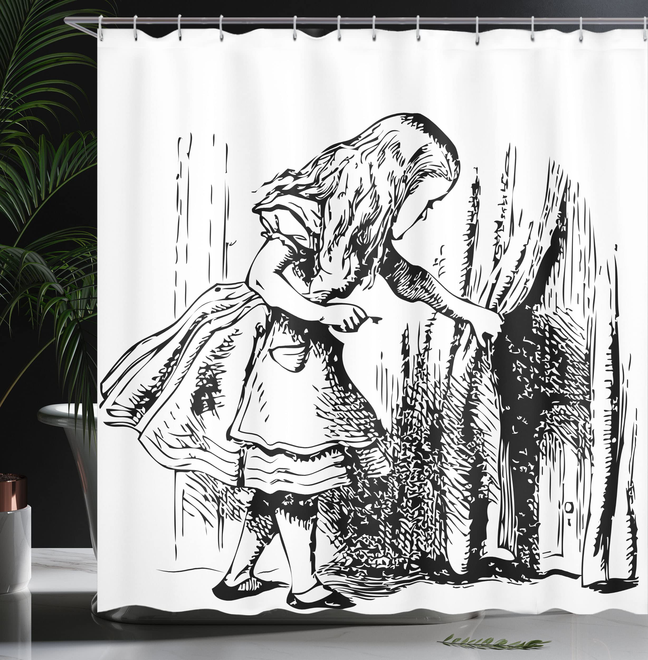 Ambesonne Alice in Wonderland Shower Curtain - Black & White Alice Adventure Design, 69x84 Inch Fabric Bathroom Decor with Hooks | Perfect for Themed Bathrooms, Kids' Rooms & Whimsical Home Decor
