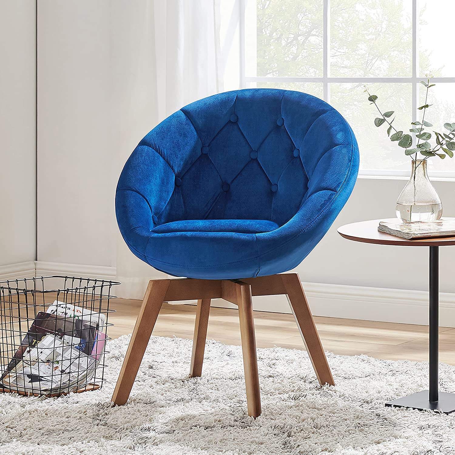 Volans Mid Century Modern Swivel Accent Chair - Velvet Round Tufted Back Vanity Chair for Desk, Bedroom & Living Room | Small Space Furniture | Blue Velvet Chair - Perfect for Home Office, Reading Nook & Cozy Sitting Areas