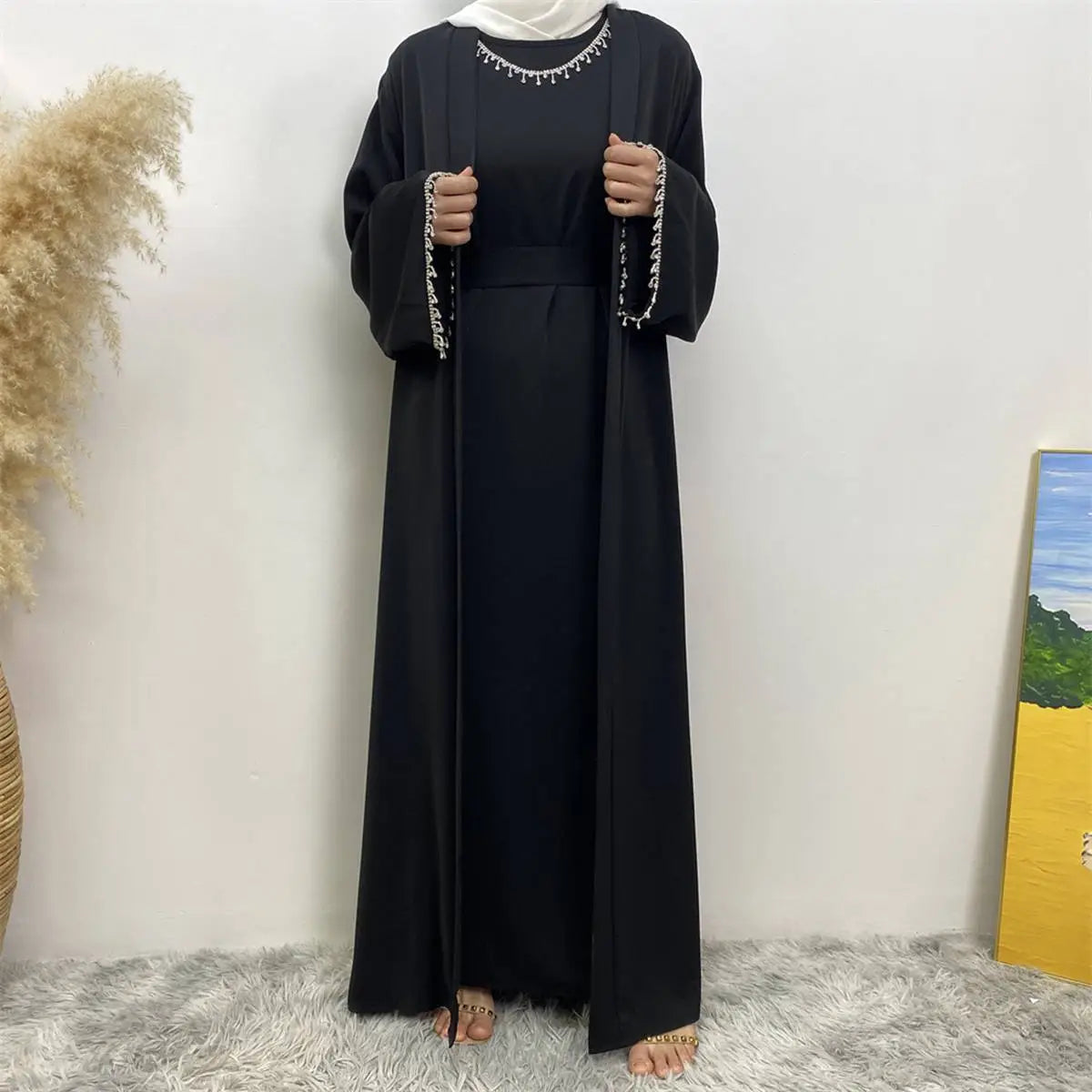2-Piece Rhinestone Open Abaya Dress Set with Inner Sleeveless Dress & Belt - Elegant Muslim Fashion for Weddings, Parties & Special Occasions