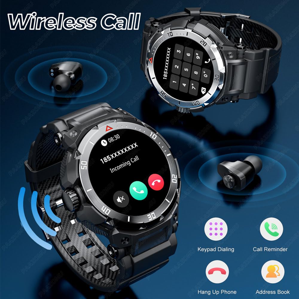 3 in 1 Smart Watch for Men with Bluetooth Headset - Military Rugged Fitness Tracker, IP67 Waterproof, Heart Rate Monitor, Compatible with Android iOS (Silver) - Perfect for Outdoor Sports, Running & Daily Use