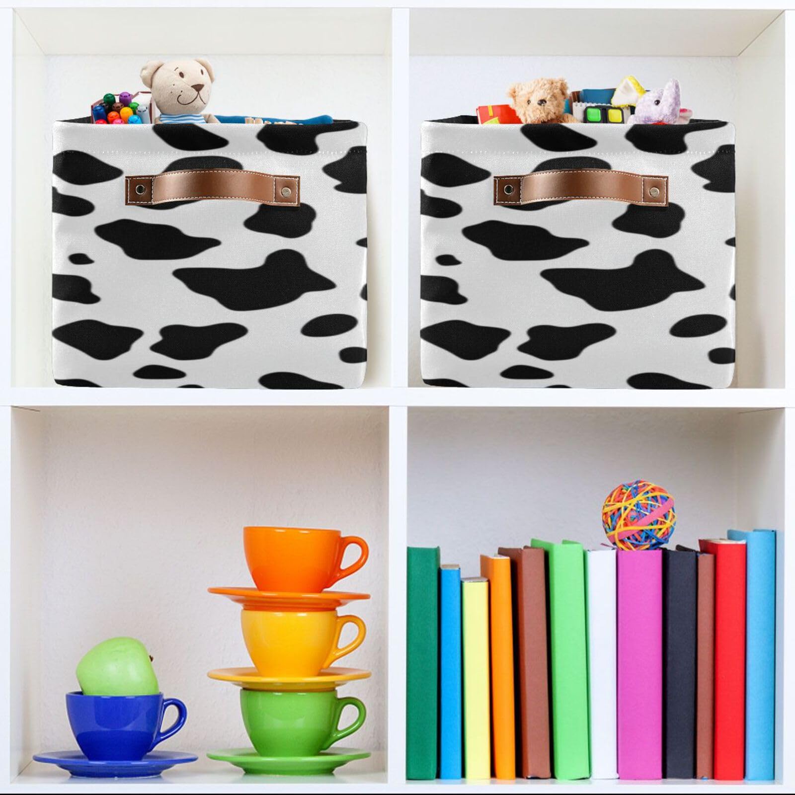 Large Fabric Storage Bins with Handles - Cow Print Collapsible Baskets for Clothes, Toys & Home Organization
