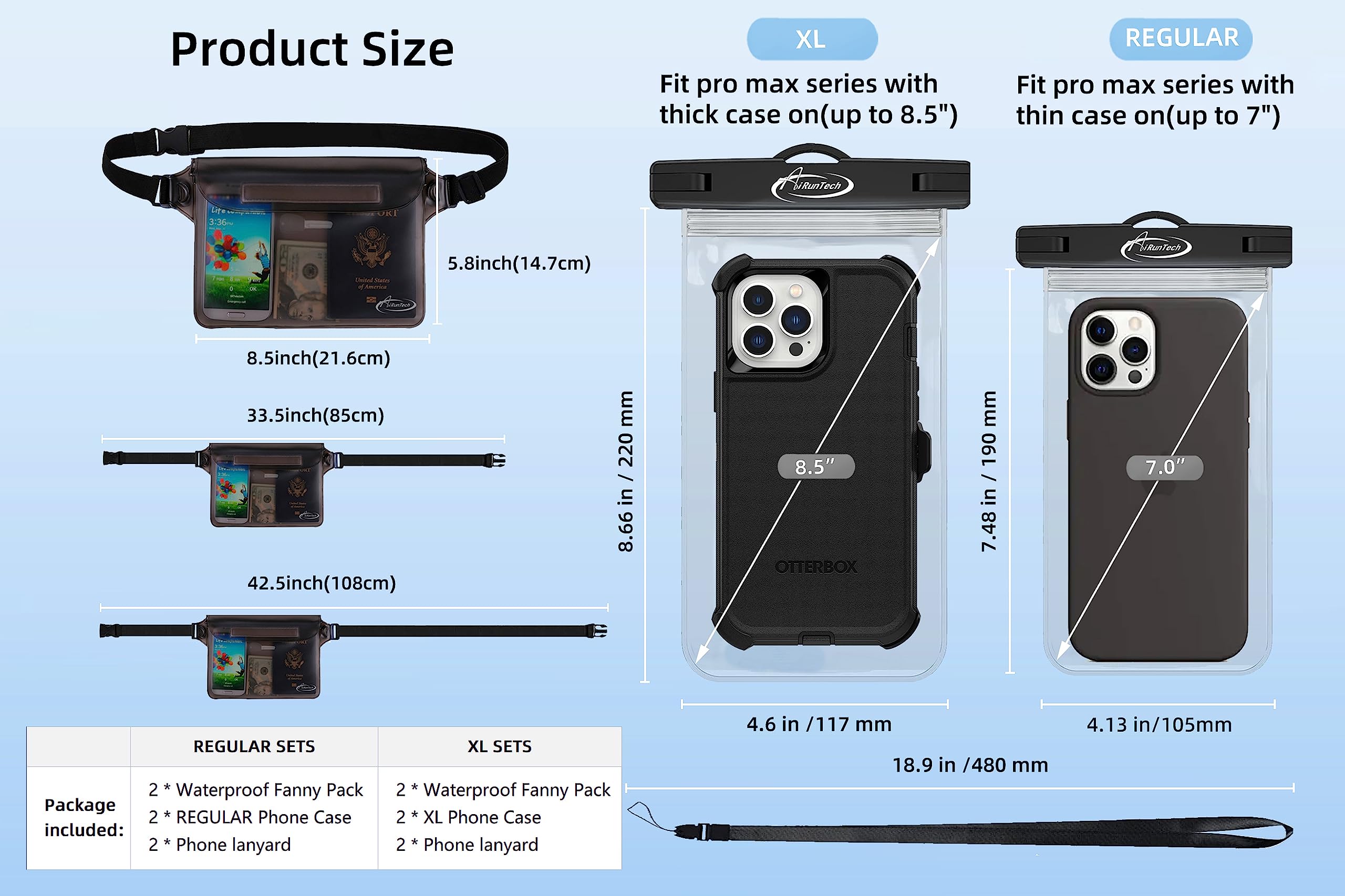 AiRunTech Waterproof Fanny Pack & Phone Pouch Set (2 Waist Bags + 2 Phone Cases) - IPX8 Waterproof Dry Bag for iPhone 15/14/13/12/11 Pro Max - Perfect for Snorkeling, Beach, Cruise, Kayaking, Pool & Swimming Activities