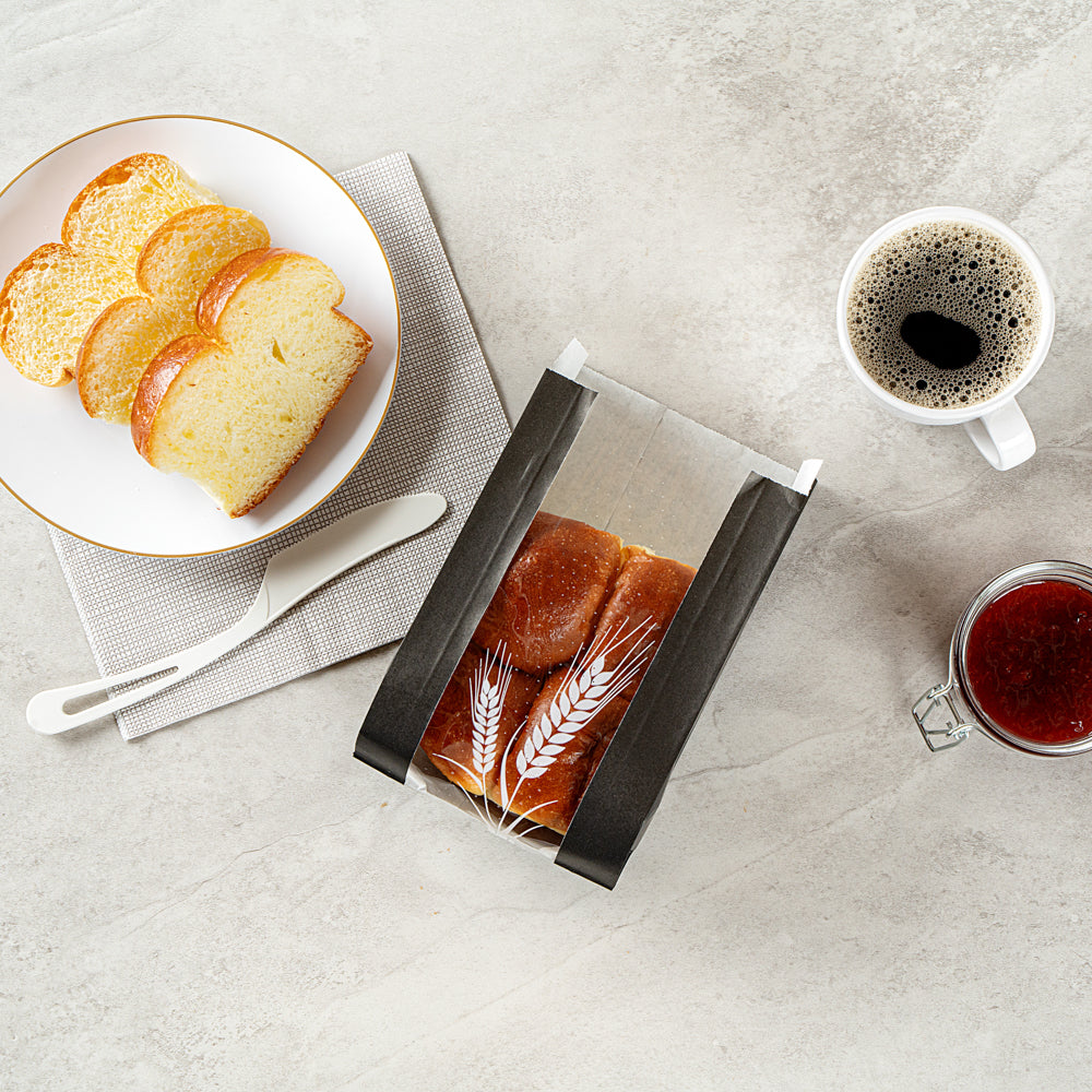 Eco-Friendly Black Paper Bread Bags - Micro Perforated, Greaseproof, Wheat Pattern (4.75
