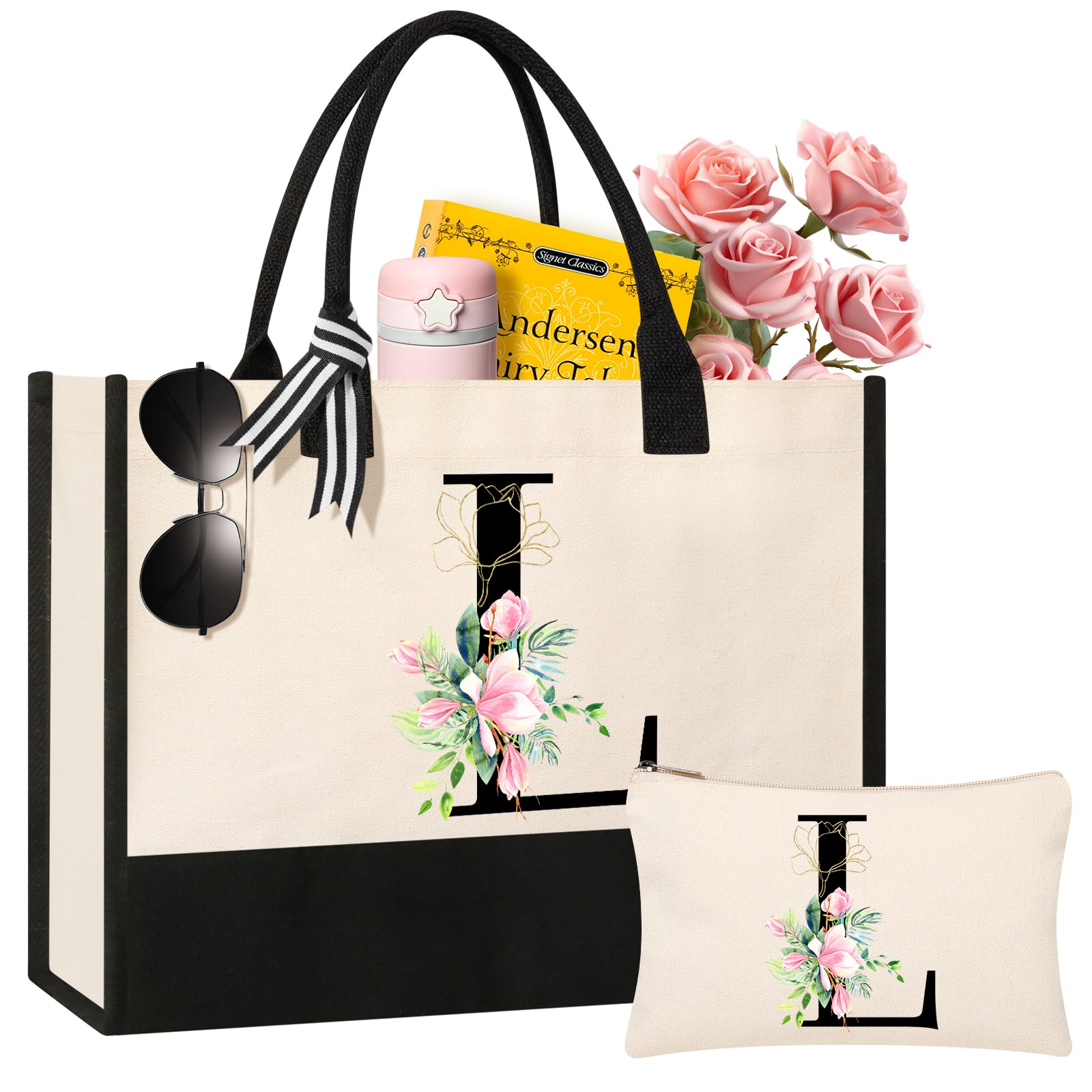 Personalized Initial Canvas Beach Tote Bag - Custom Monogrammed Gifts for Women, Sister, Mom, Teacher & Bridesmaid - Large Makeup & Travel Tote - Perfect for Beach, Pool, Gym & Shopping Trips