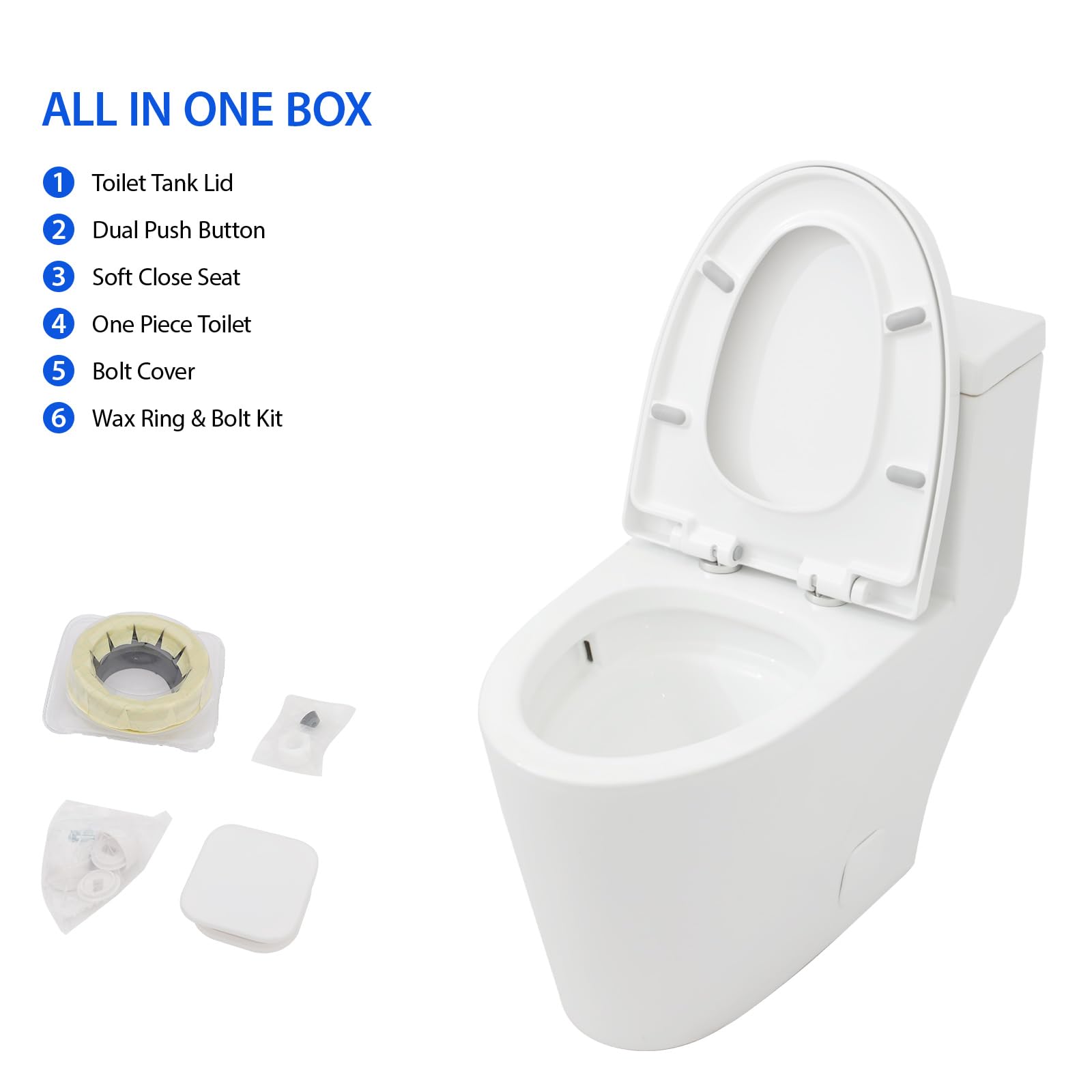 Modern One-Piece White Ceramic Toilet - Comfort Height, Dual Flush (0.93/1.28 GPF), Elongated Round Bowl with Soft Close Seat, 12